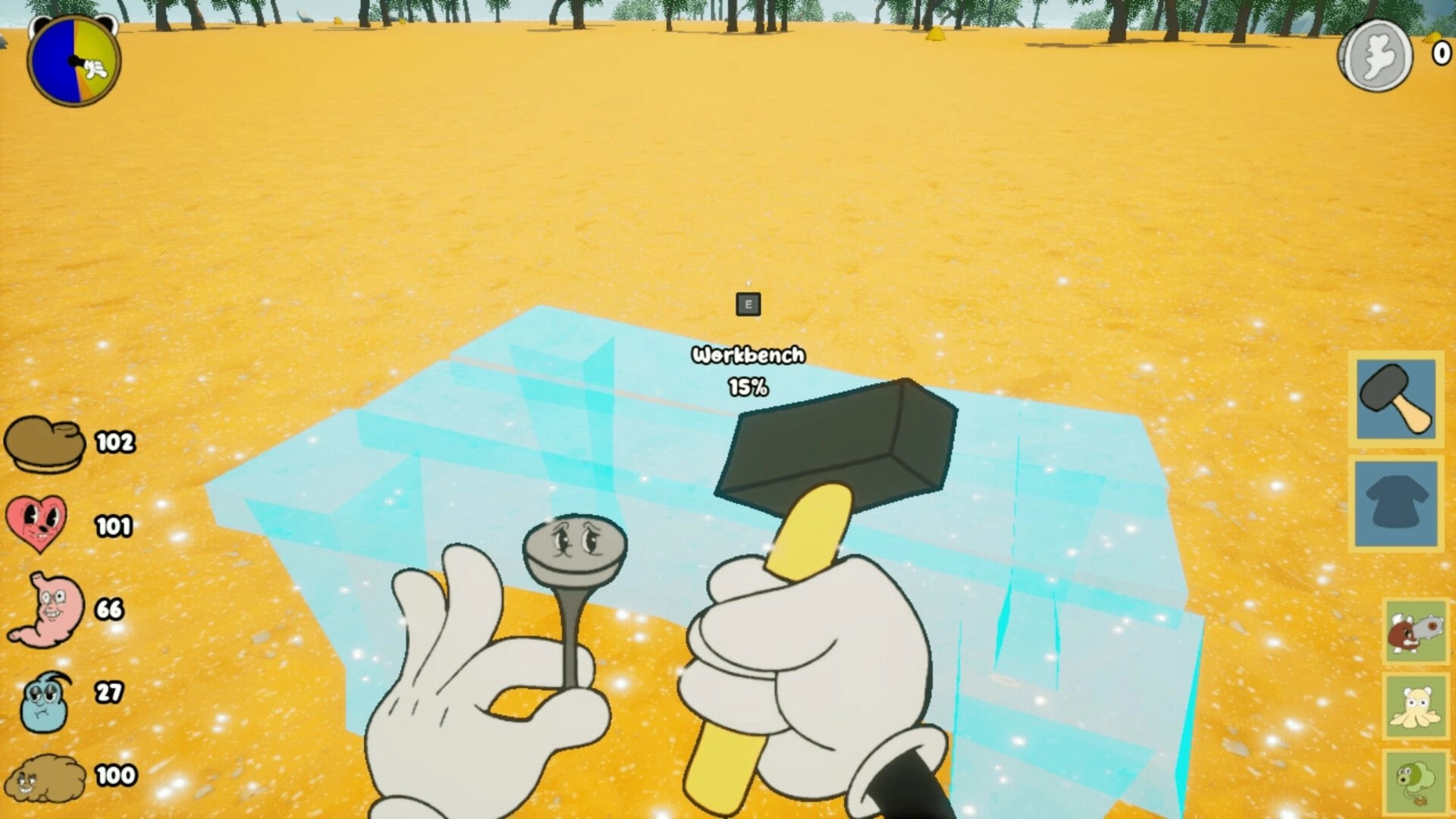 Kalit: Building a workbench at 15% with hammer and nail in hand on a sandy plain with UI stats.