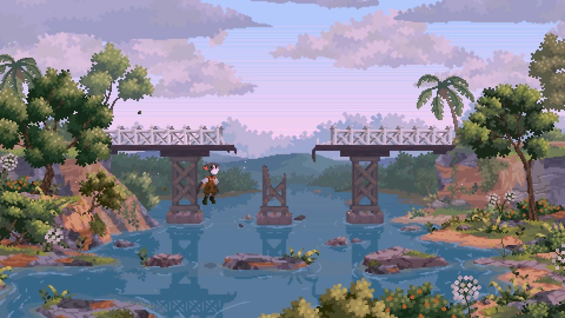 Kambulin: Character jumps across a broken bridge over a river in a lush, pixel-art landscape.