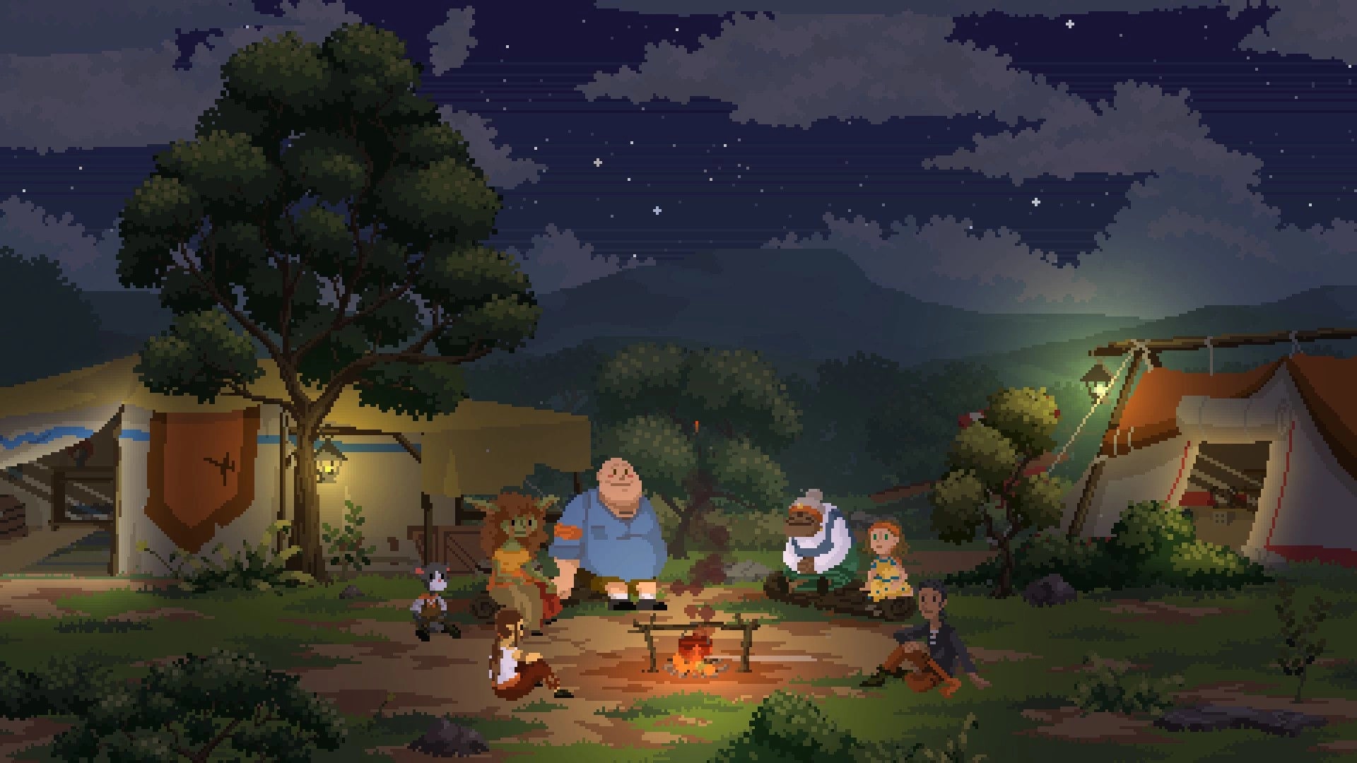 Kambulin: Characters gather around a campfire under a starlit night sky in a scenic forest setting.