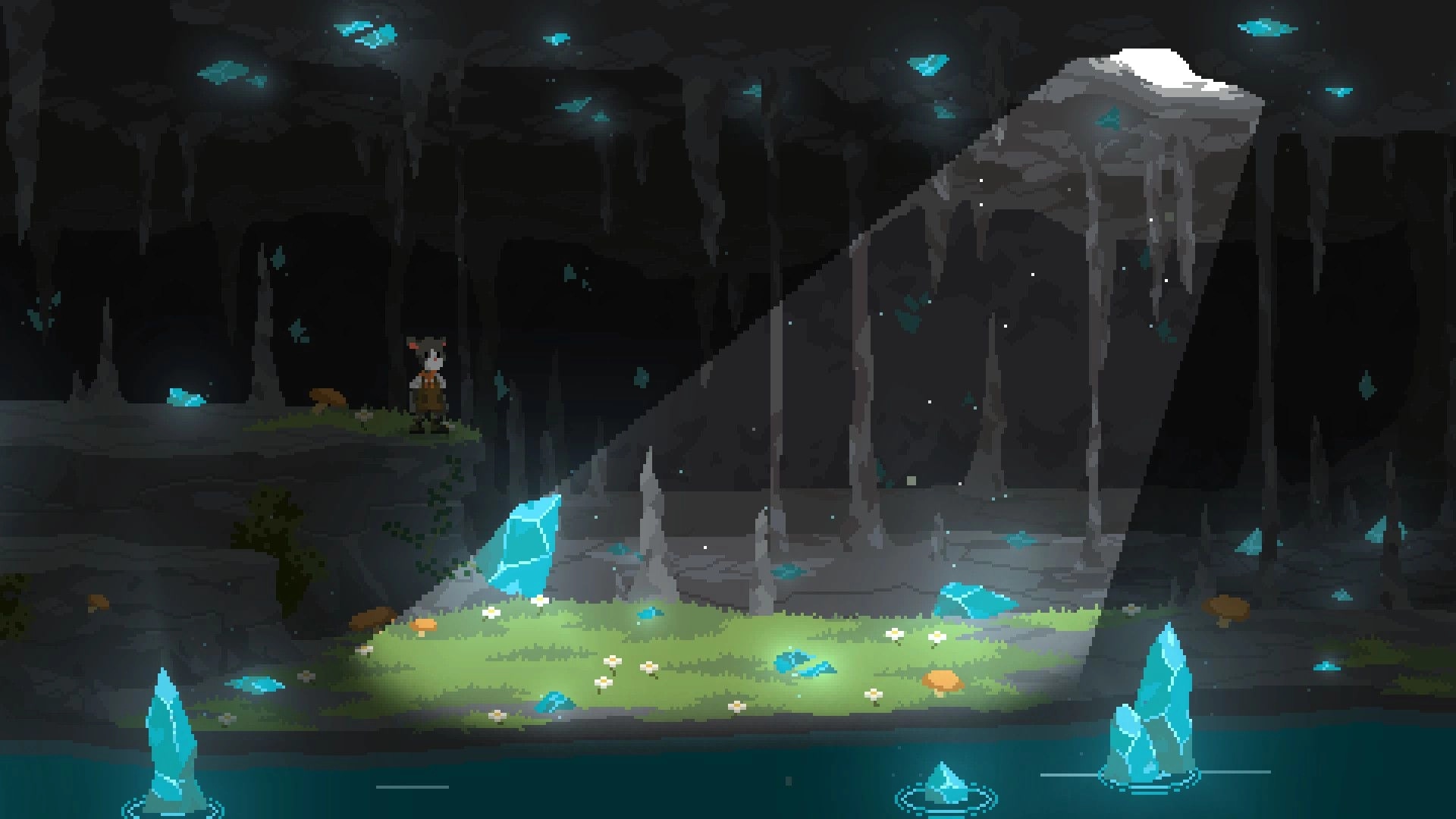 Kambulin: Character stands on a ledge in a dimly lit cave with glowing crystals and stalactites.