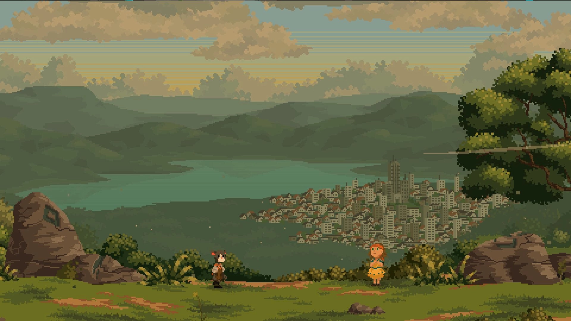Kambulin: Two characters in a lush landscape overlooking a pixel-art city with mountains and lake.