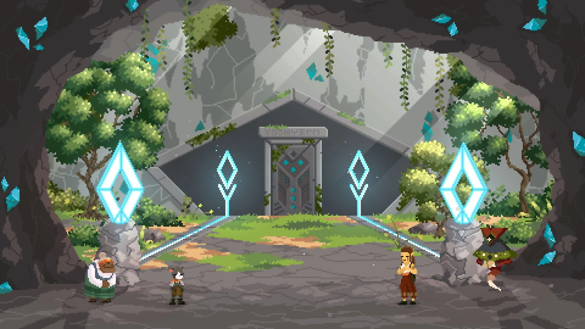 Kambulin: Four characters stand before a mystical cave entrance surrounded by lush greenery and symbols.