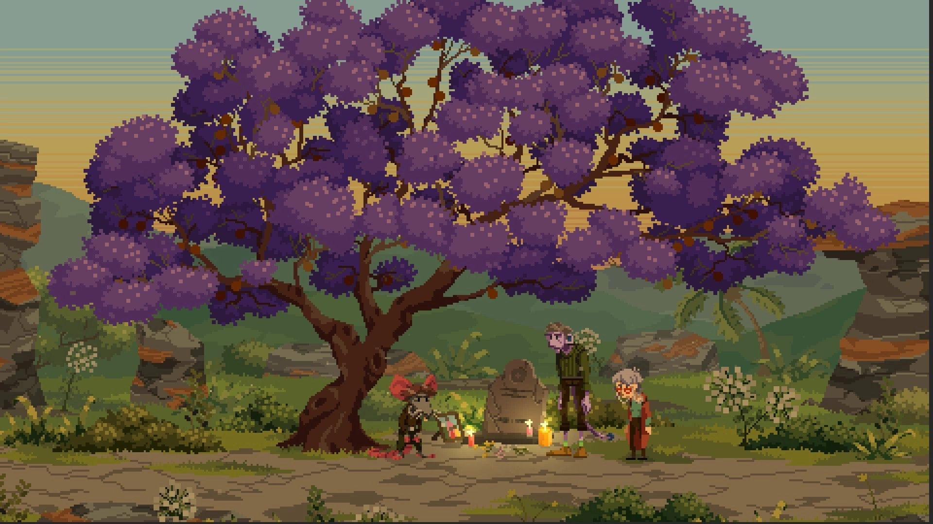 Kambulin: Three characters gather under a purple tree beside a grave with candles in a serene landscape.