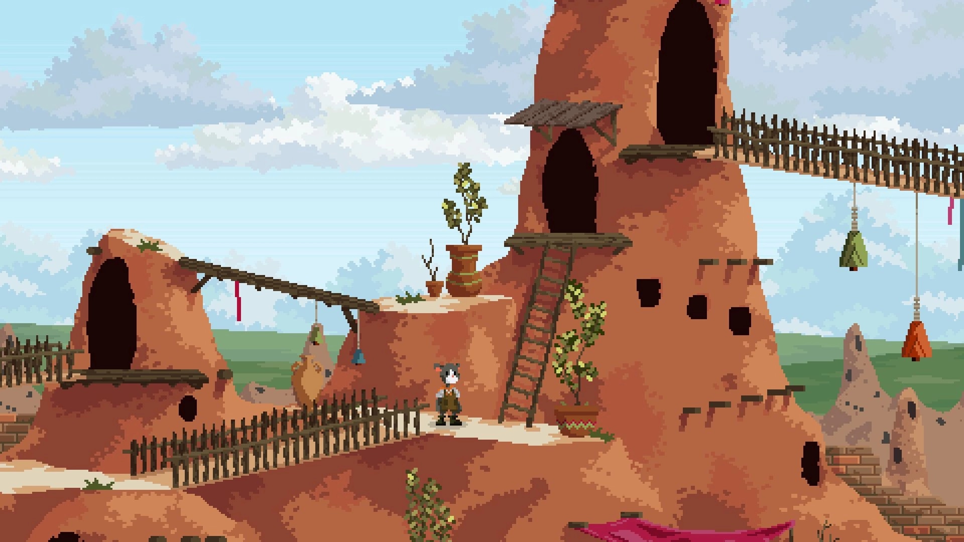 Kambulin: Character exploring a desert village with adobe buildings and ladders, under a bright sky.