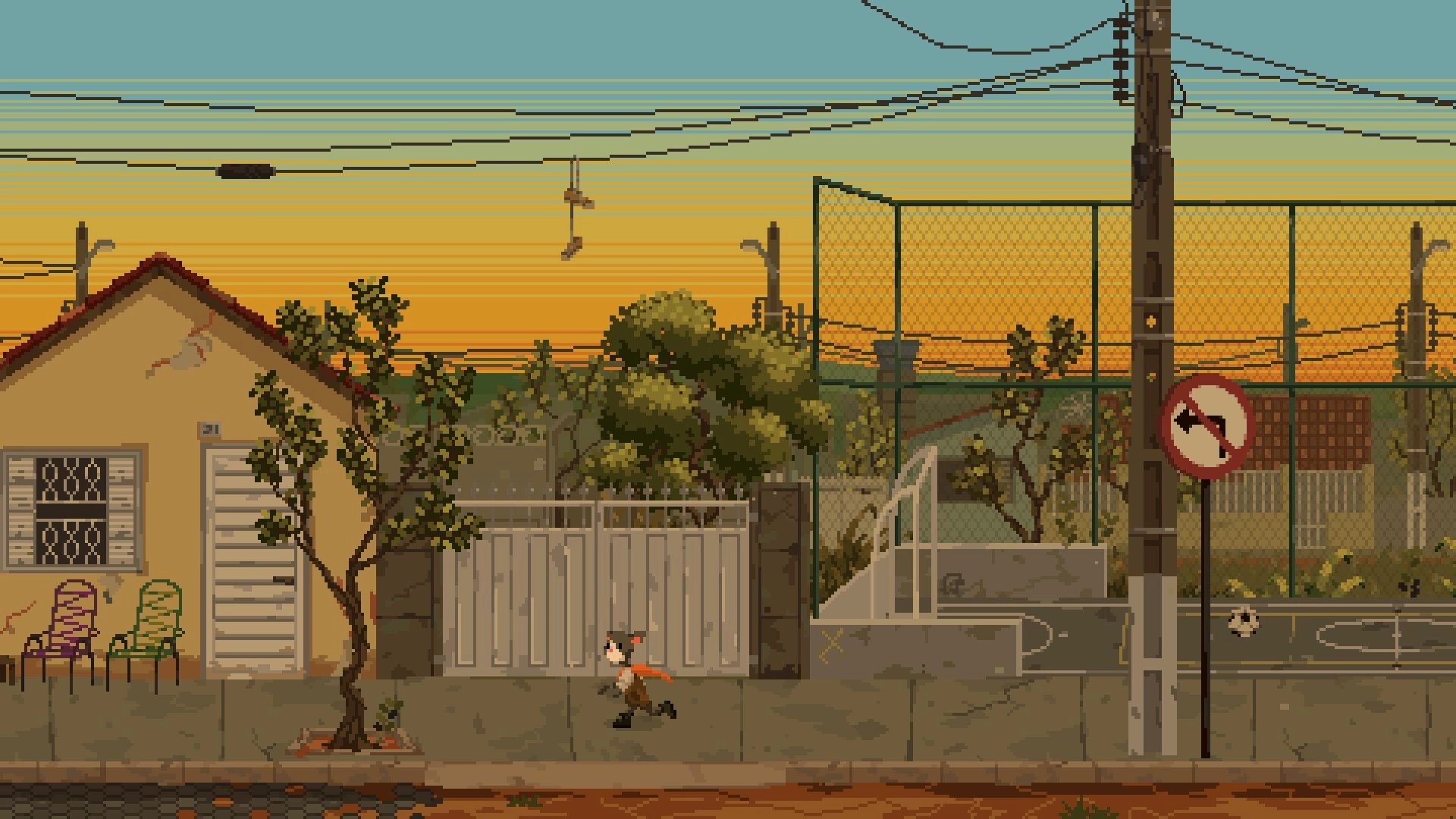 Kambulin: Character running past a house and a fenced basketball court at sunset