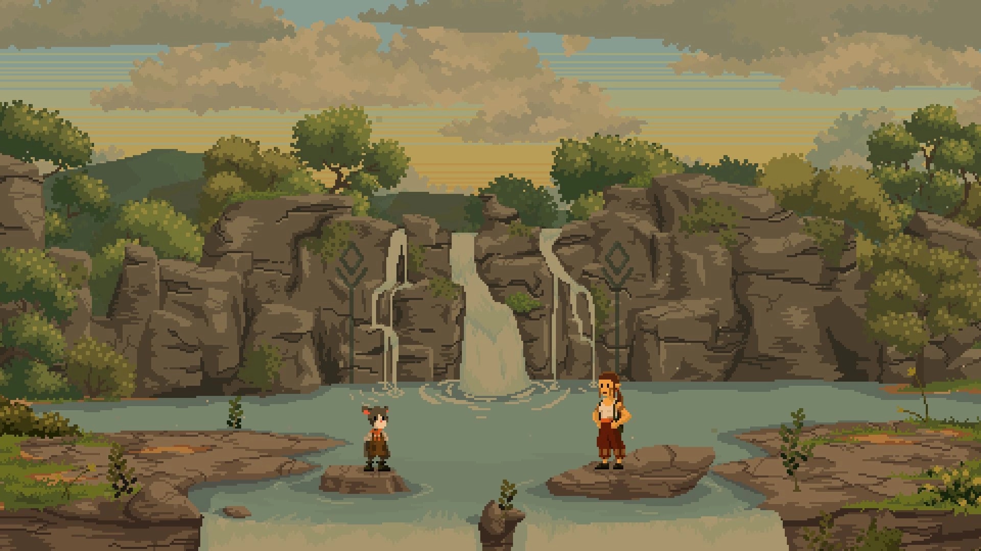 Kambulin: Two characters standing on rocks in front of a picturesque waterfall in a forest setting.