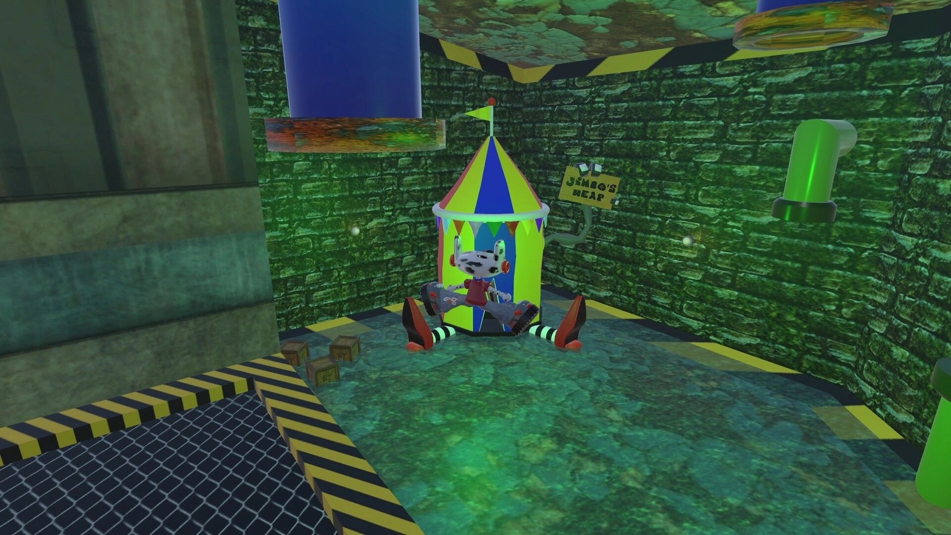 Kami Quest: Sabbath the dalmatian sits by a striped tent under a “Jimbos Heap” sign in a green stone room.