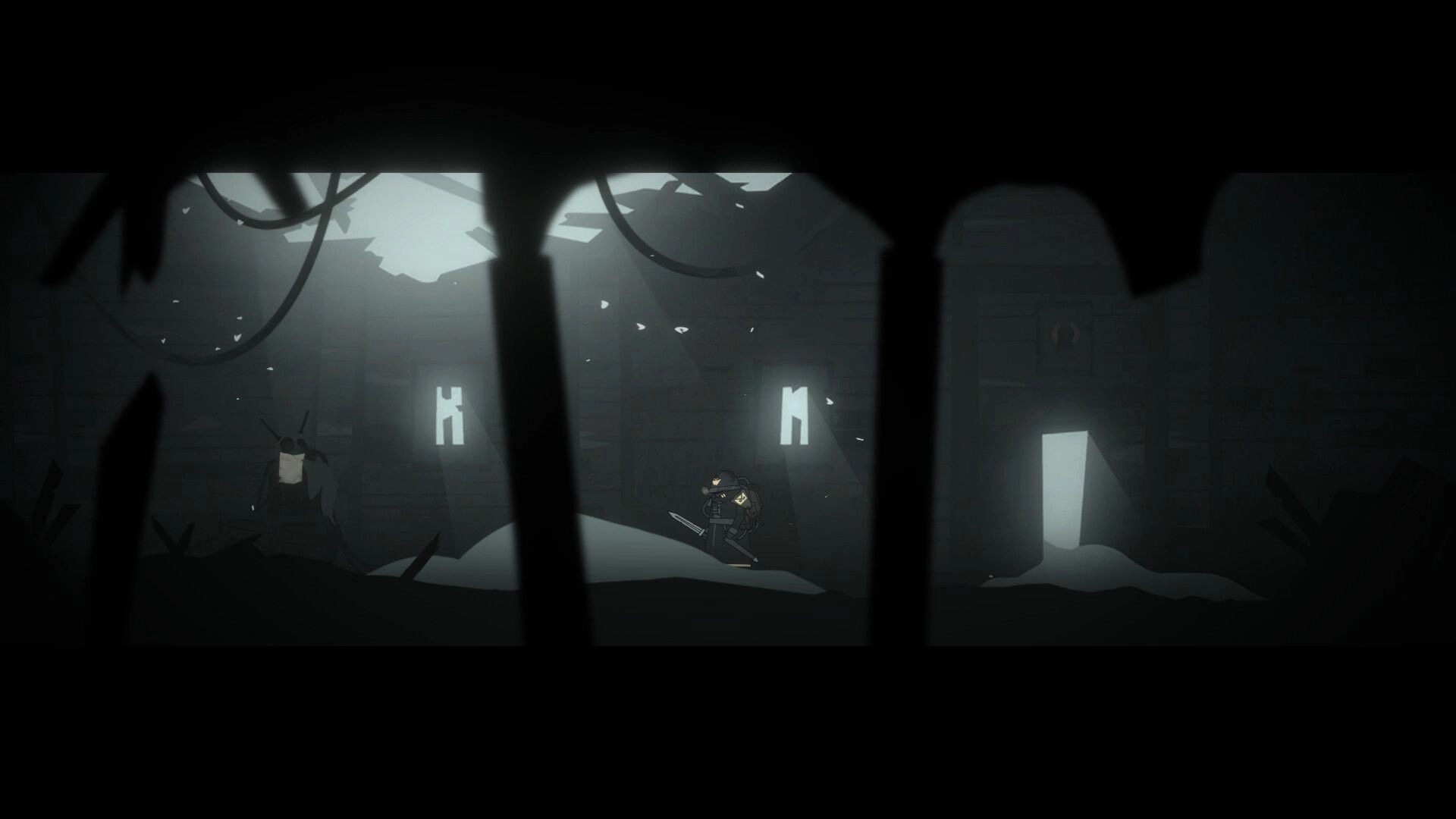 Kanun 1919: Lone figure exploring dark, decrepit hall with debris and faint light in eerie environment.