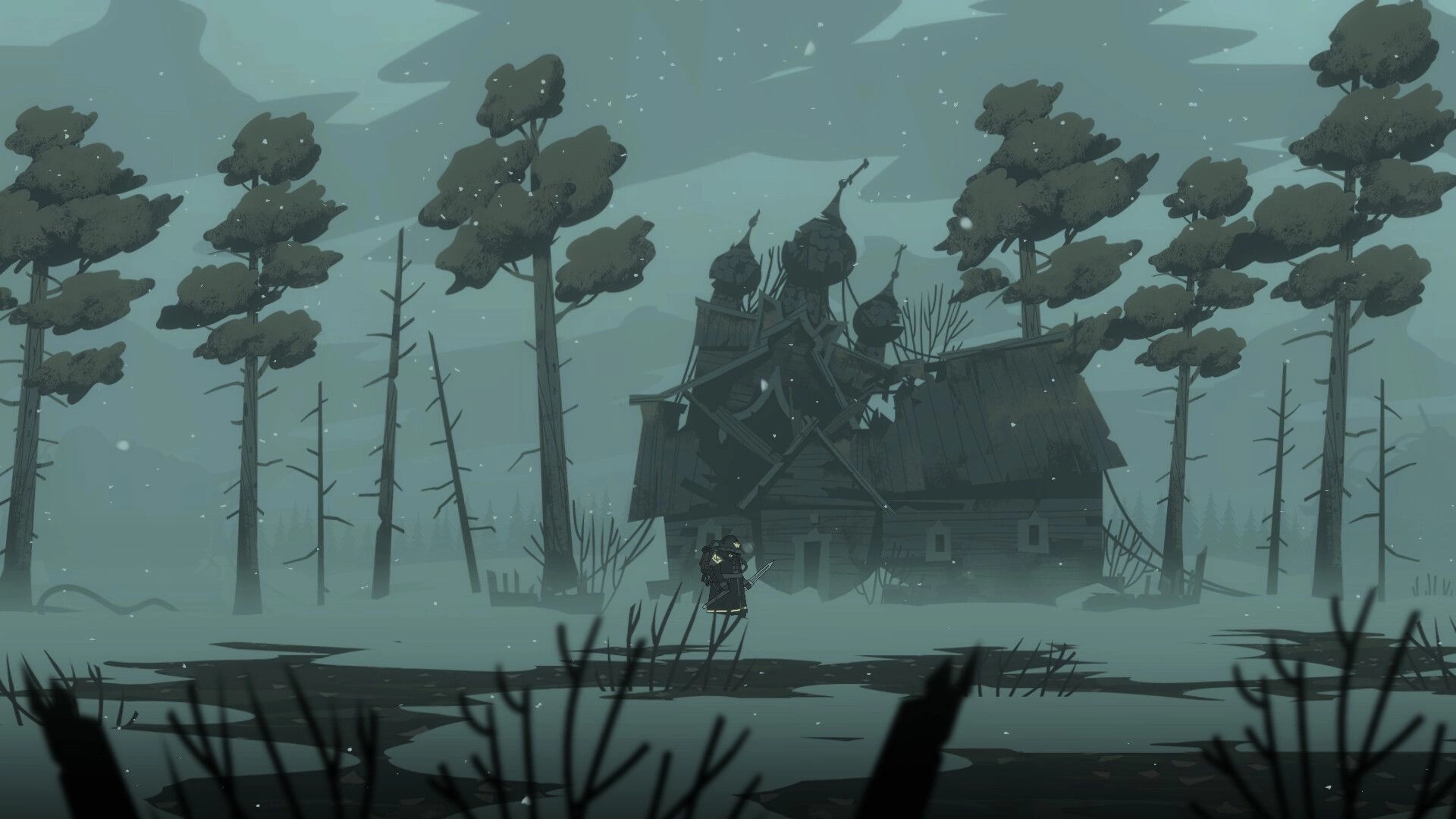 Kanun 1919: Lone character stands in foggy forest clearing, facing a dilapidated wooden building
