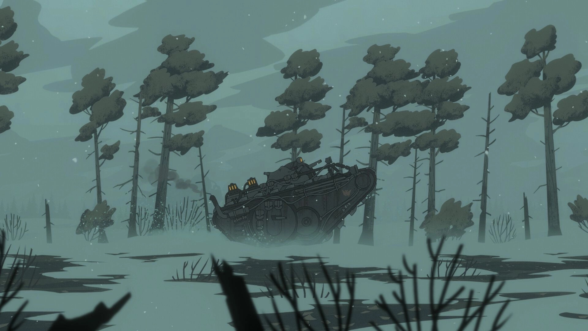 Kanun 1919: Armored vehicle navigating through a snowy, dense forest environment