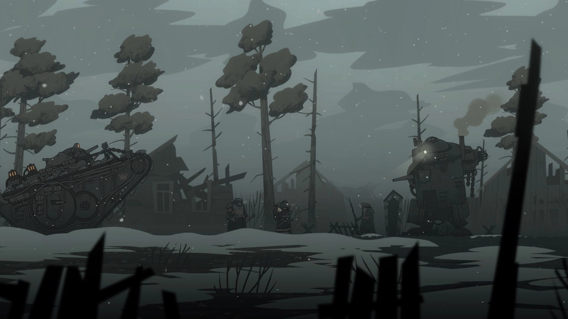 Kanun 1919: Soldiers and a mech navigate a snowy, desolate town with damaged buildings and tall trees.
