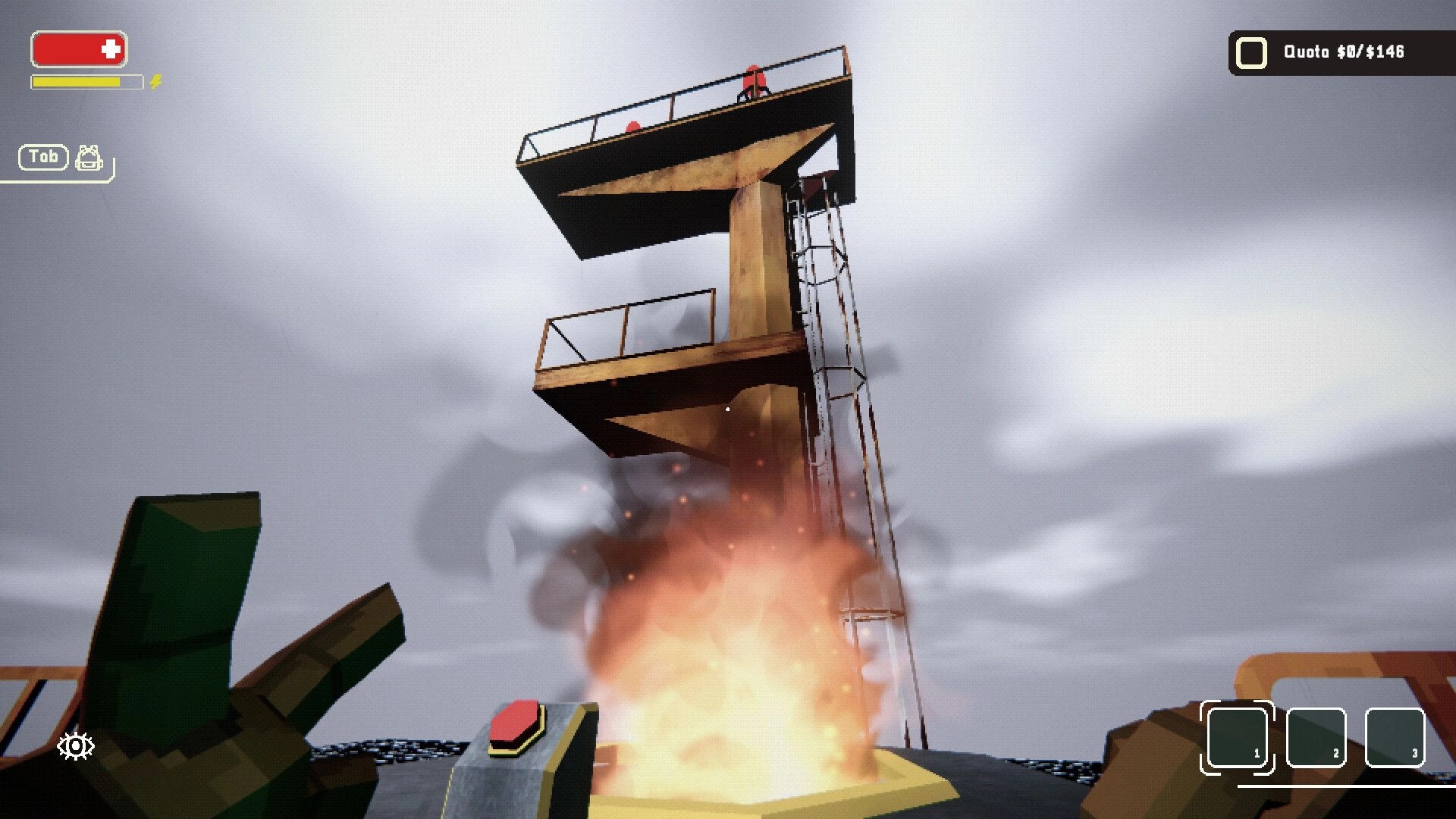 Kaput: Fire erupts at base of tall tower with ladder and platforms under cloudy sky, UI visible.