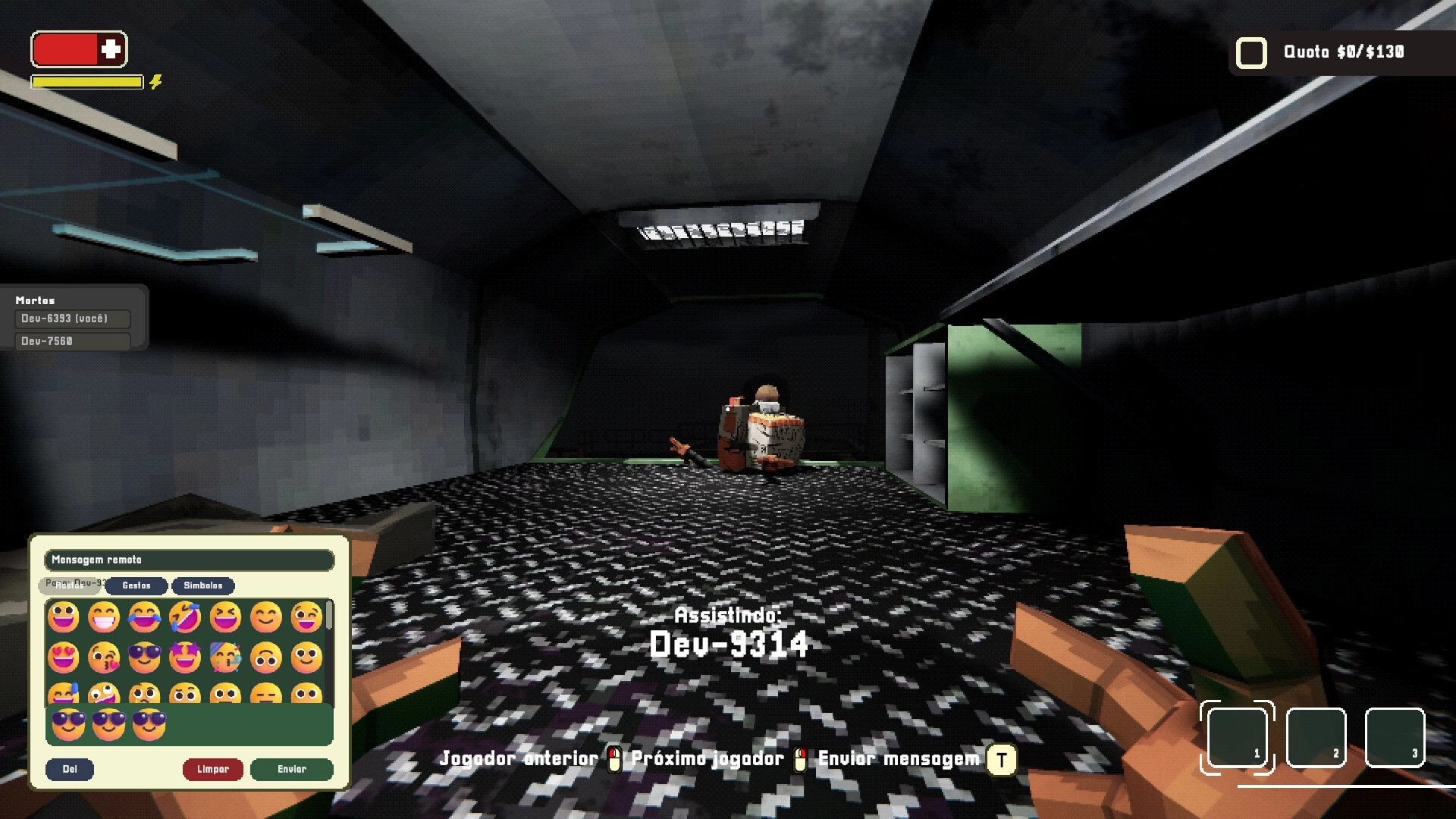 Kaput: Spectating Dev-9314 in a dark metal room, chat emoji panel open and quota $0/$130 UI visible.