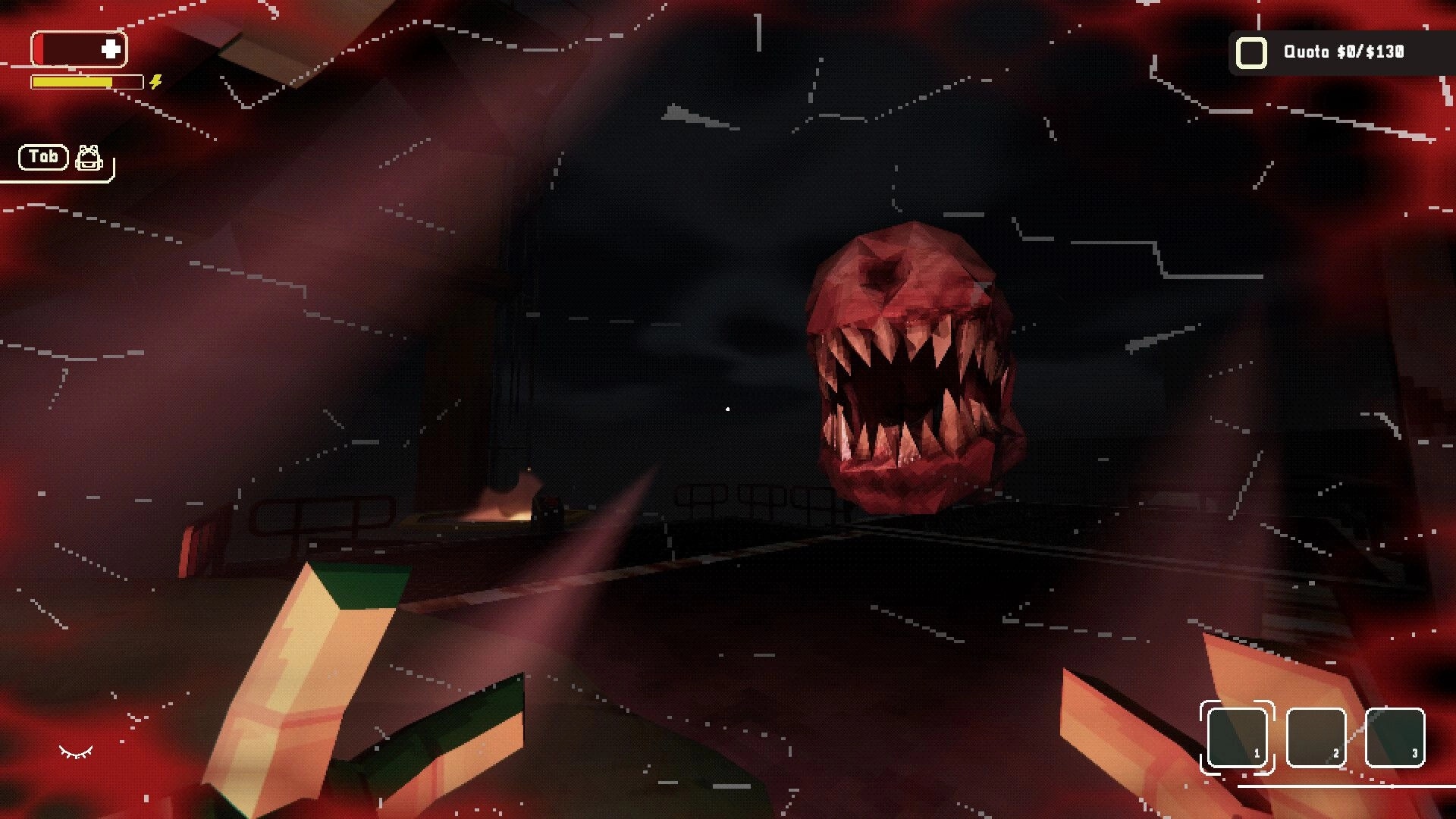Kaput: First-person view facing a floating red monster mouth in a dark room with quota HUD.