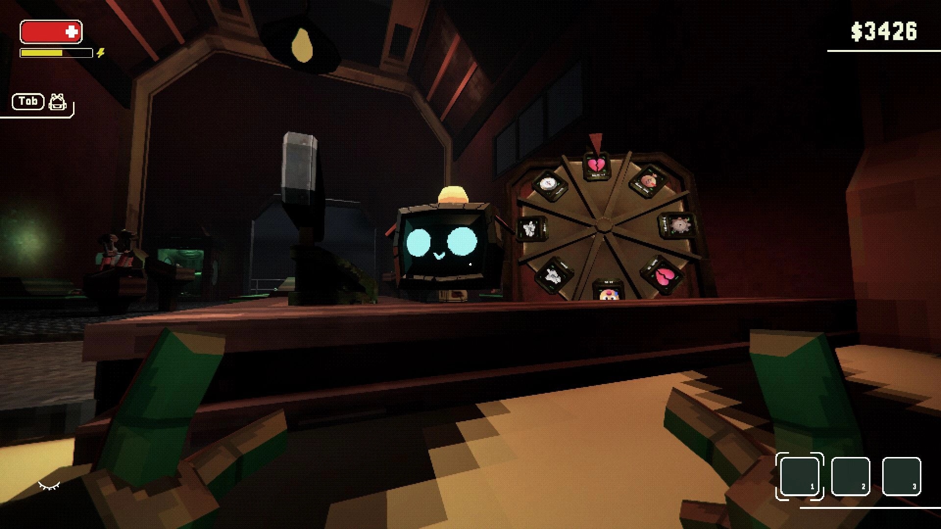 Kaput: Robot-faced terminal beside a perk wheel menu in a dim metal room, $3426 HUD visible.