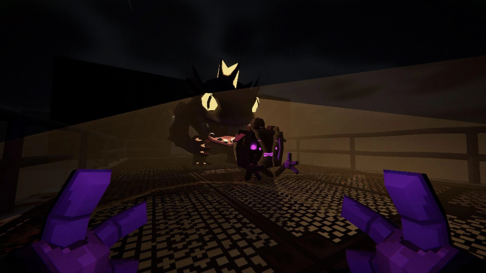 Kaput: First-person view with purple hands facing a glowing-eyed monster in a dim corridor.