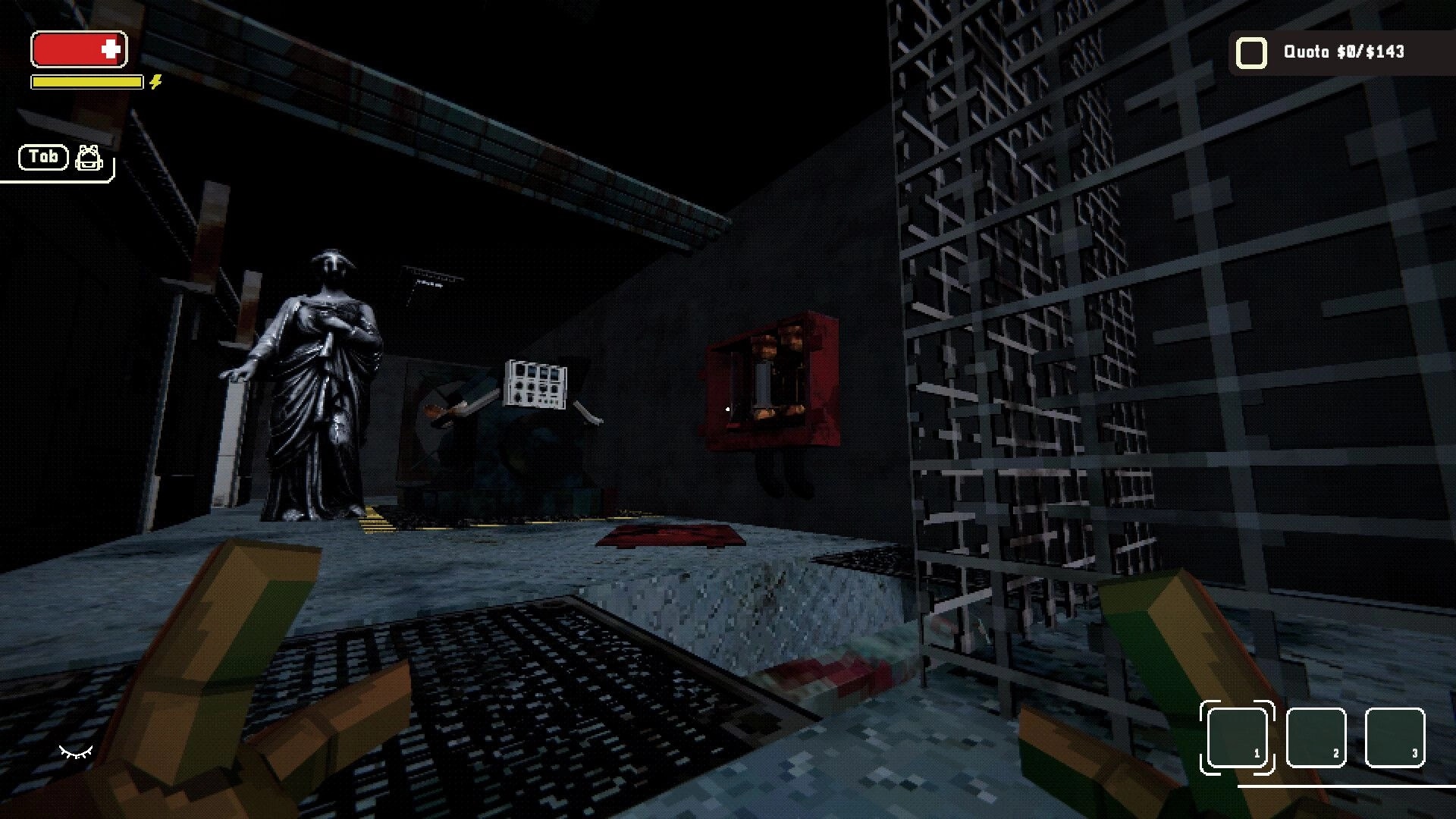 Kaput: First-person view facing a statue and control panel in a dark industrial room with quota UI.
