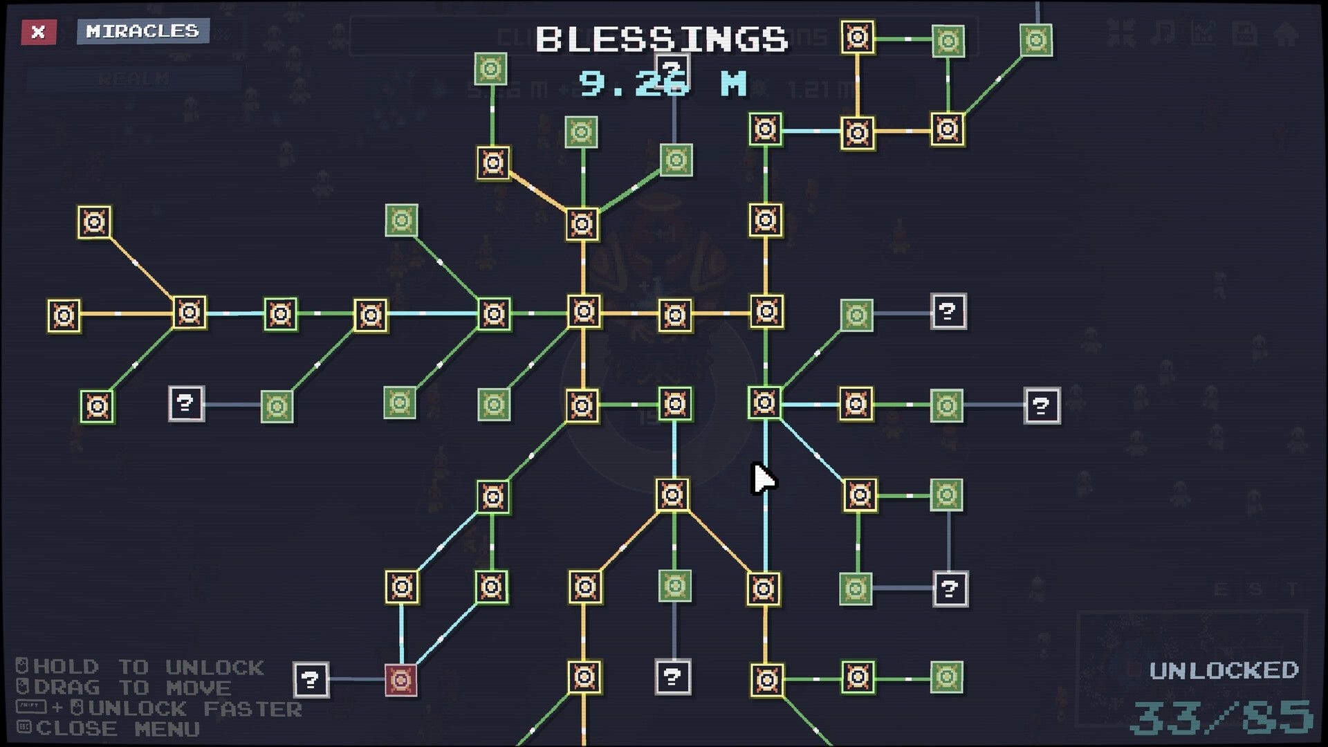 Karma Keepers: Blessings skill tree with connected upgrade nodes and 9.22M total on dark menu background.