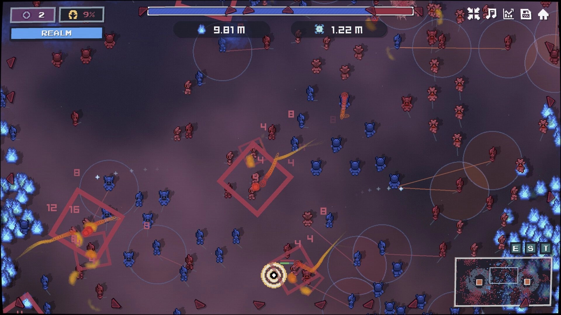 Karma Keepers: Realm map with red and blue units, attack lines, counters, and minimap UI overlay.