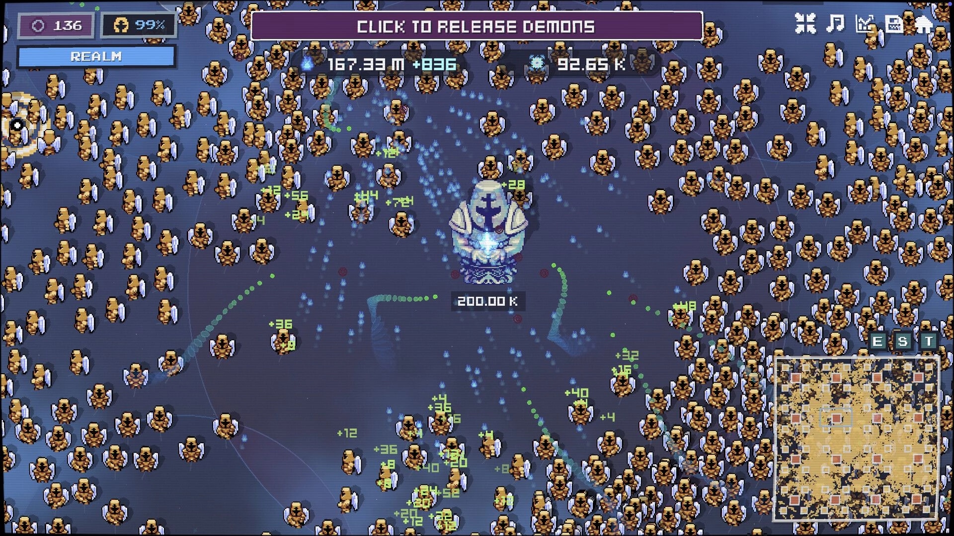 Karma Keepers: Click to release demons prompt over crowded soul icons around a central altar map view.