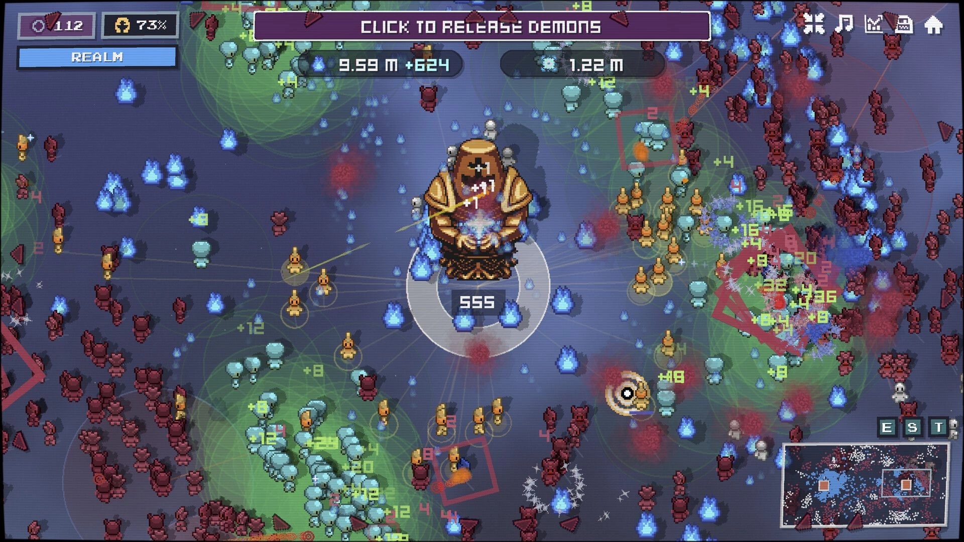 Karma Keepers: Click to release demons as blue flames and mobs swarm a central idol on realm map.