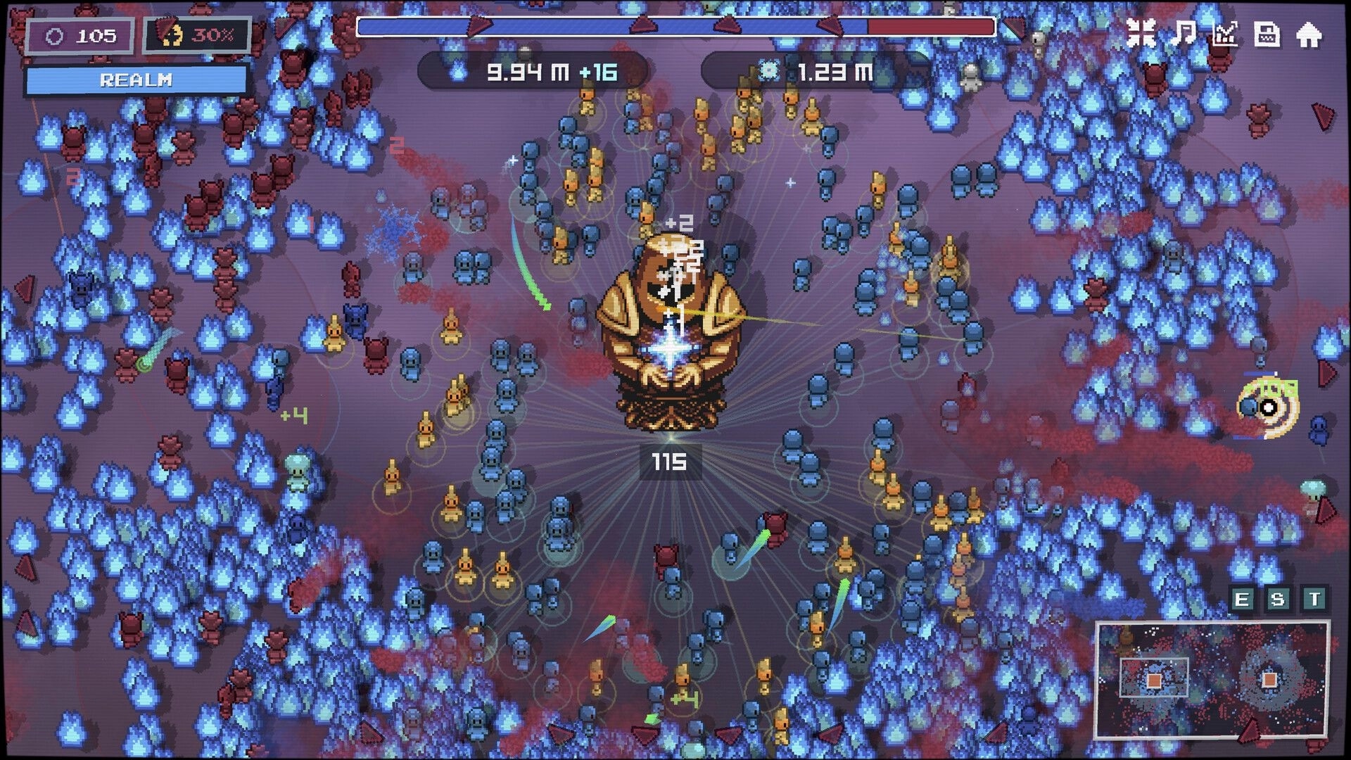Karma Keepers: Central altar collecting souls with linked workers amid blue flame clusters in the realm map.