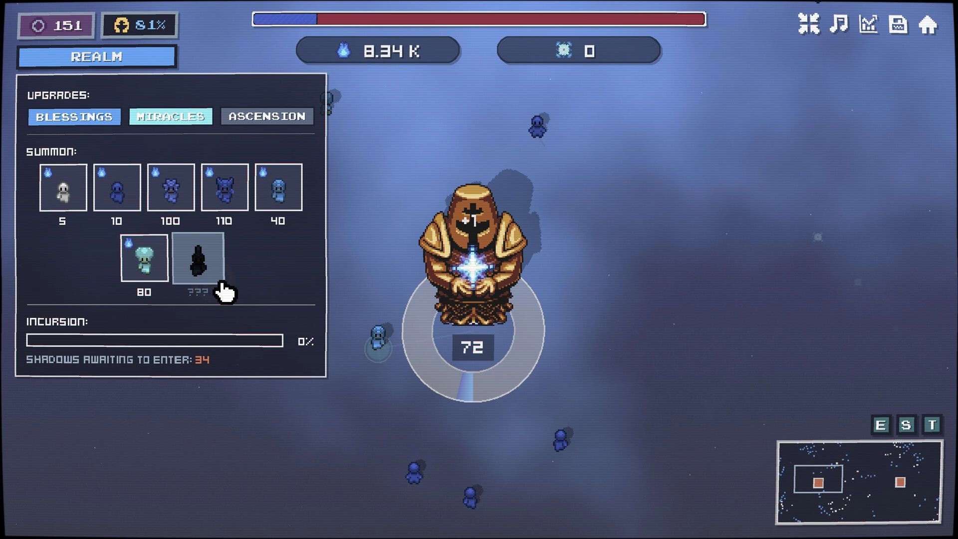 Karma Keepers: Blessings summon menu open as a robed statue channels light in a dark realm map.