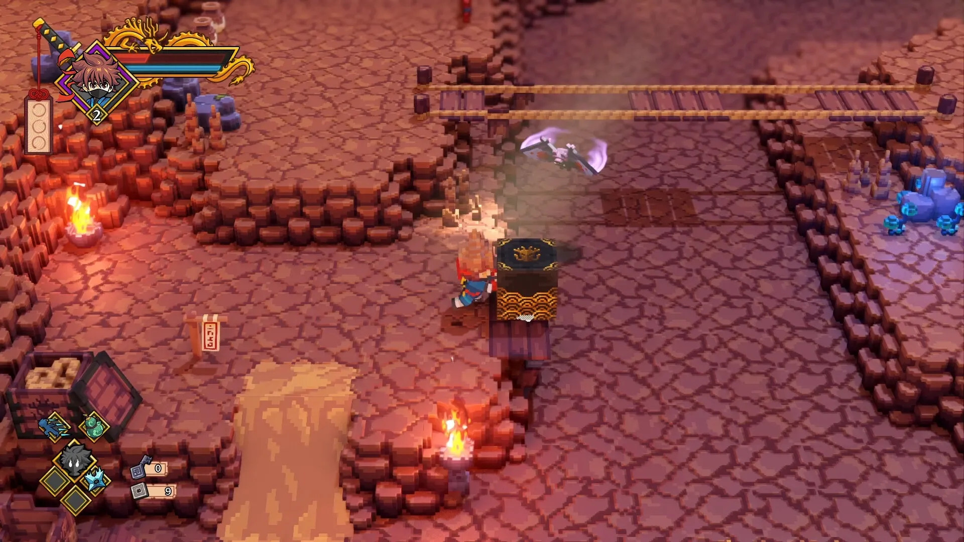 Katana Dragon: Shin opens a treasure chest in a rocky dungeon with torches and a wooden bridge overhead.