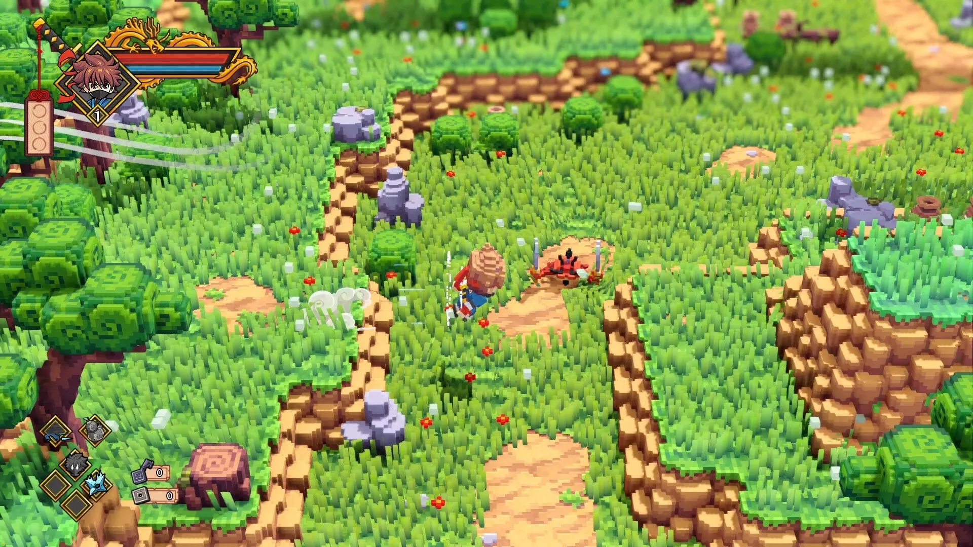 Katana Dragon: Shin explores vibrant grassy terrain, enemy encountered, health bar and inventory visible.