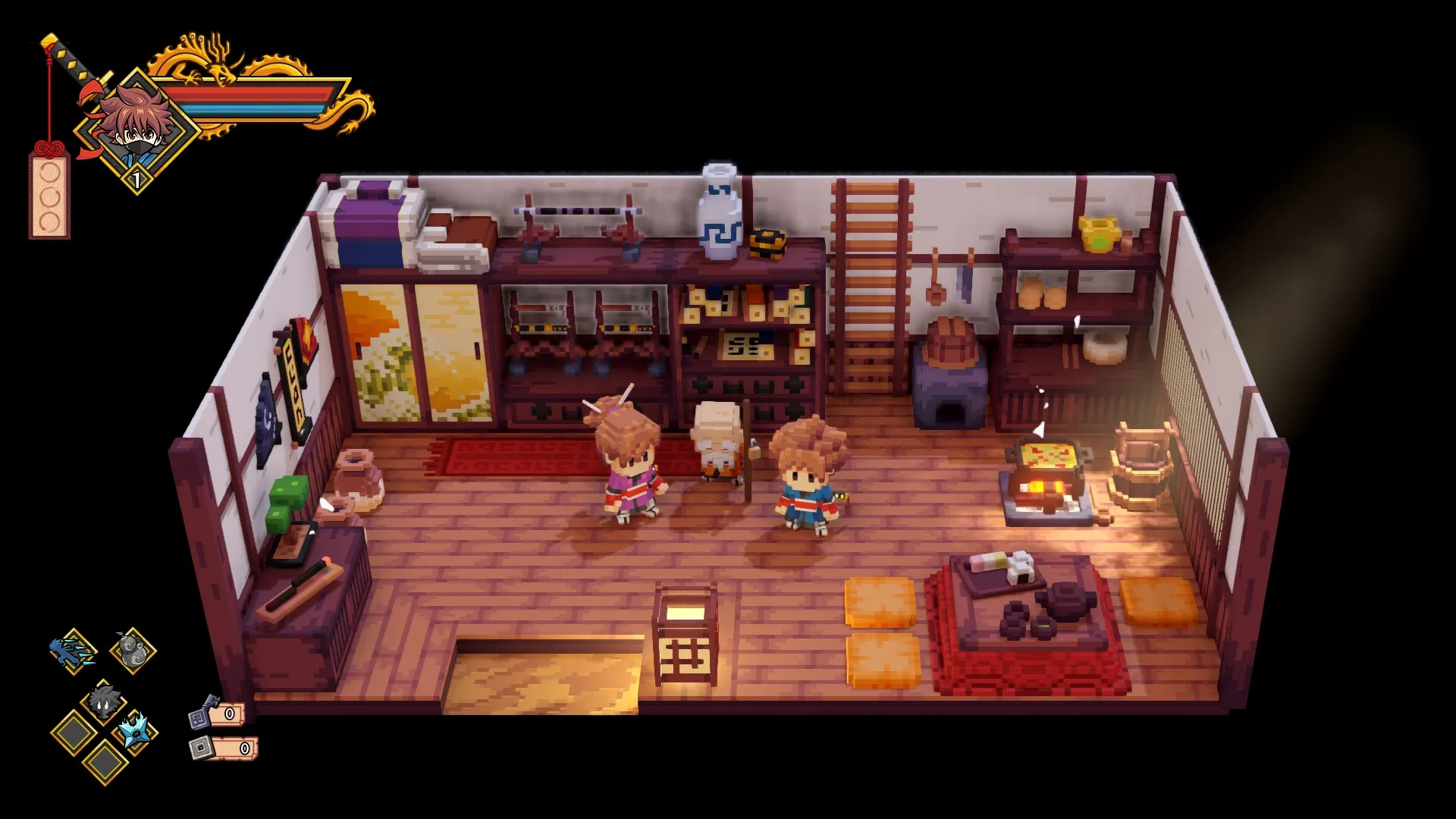 Katana Dragon: Shin and Nobi in cozy wooden room with shelves, ladder, and lit stove in corner.