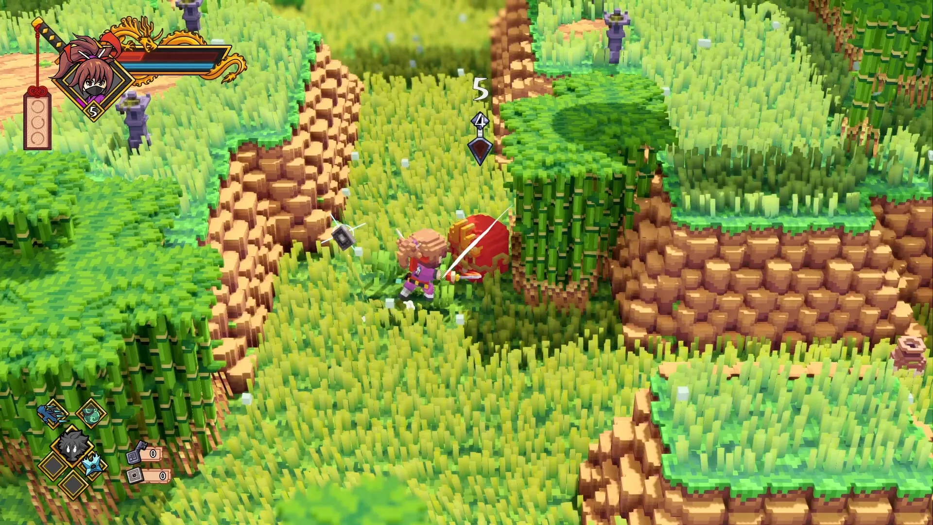Katana Dragon: Shin battles a red creature in a lush, blocky landscape with bamboo and grass.
