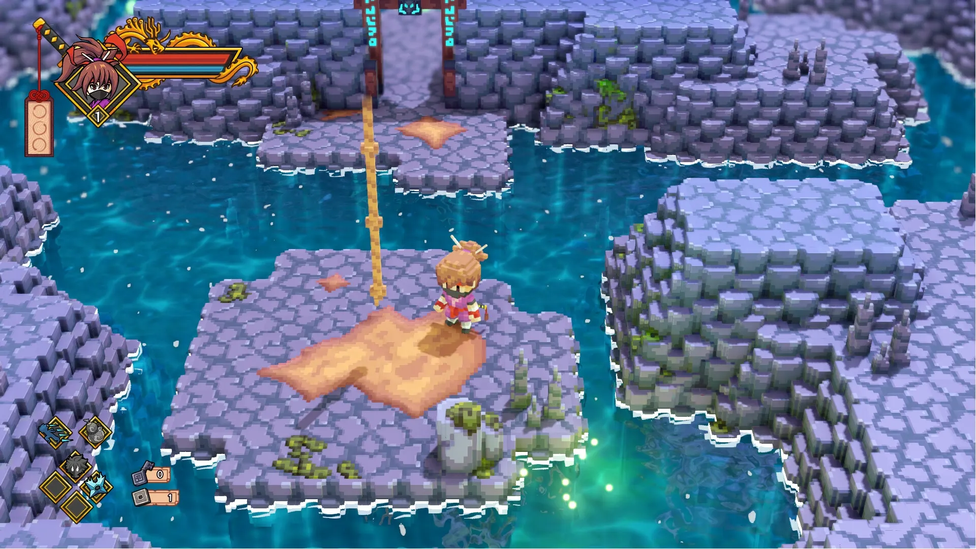 Katana Dragon: Shin stands on a small island in a pixelated water dungeon with a visible health bar.