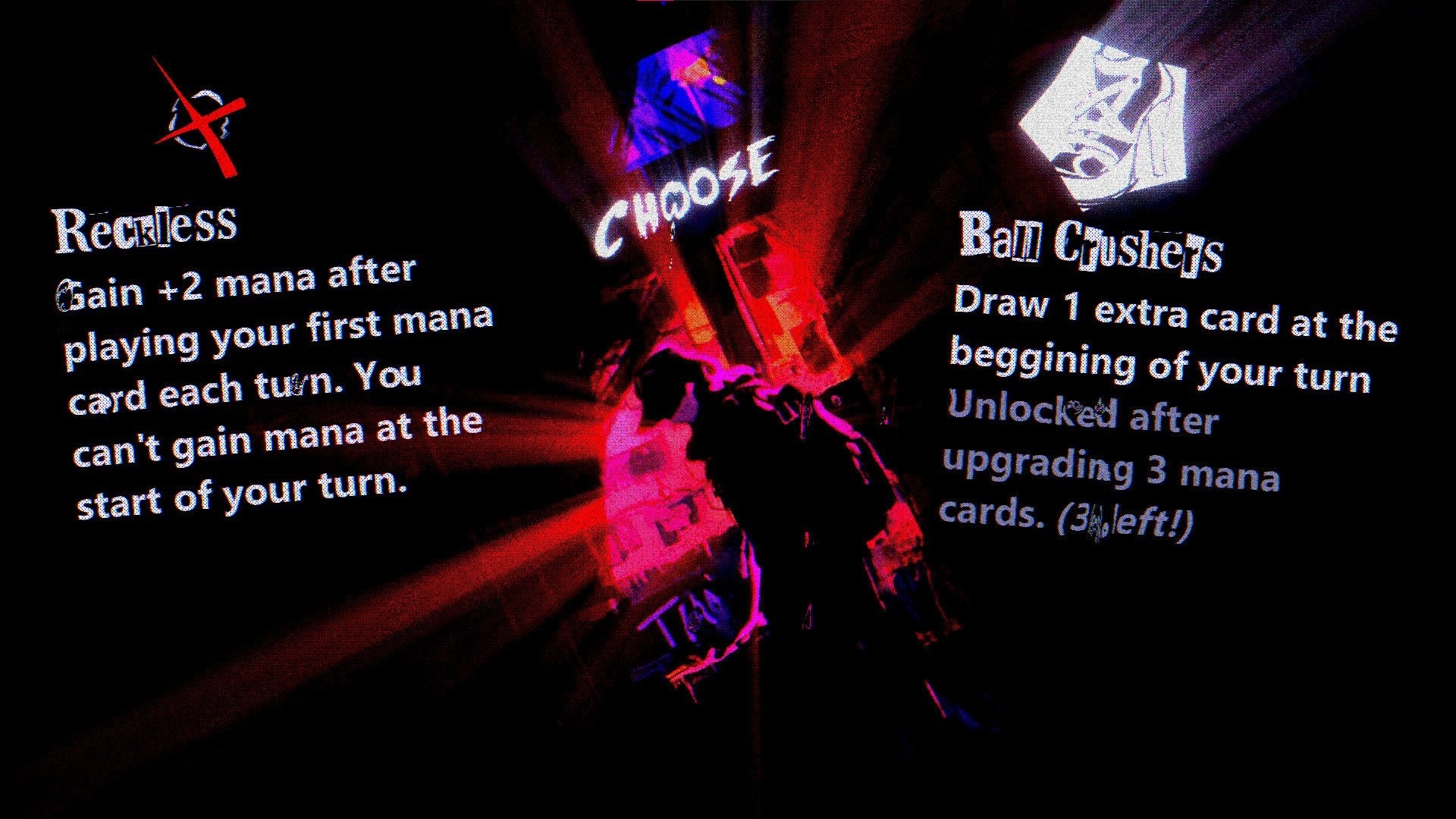 Katana Punk: Choose screen comparing Reckless and Ball Crushers perks over neon-lit alley backdrop.