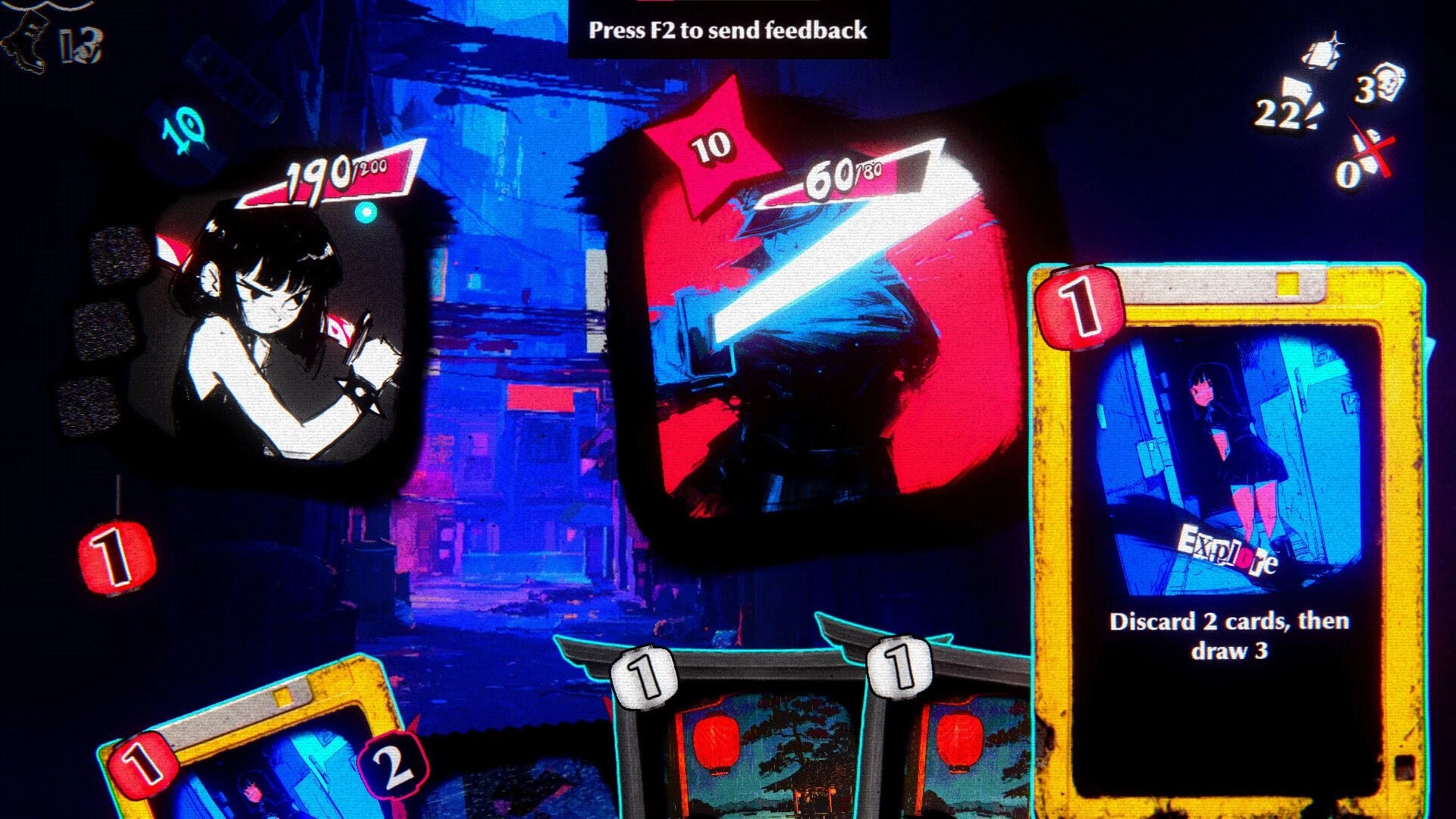 Katana Punk: Card combat UI with hero portrait and Explore card over a neon Tokyo alley backdrop.