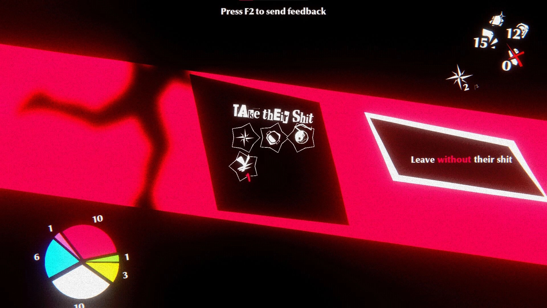 Katana Punk: Loot choice menu with icons and “Leave without their shit” on neon pink UI screen.