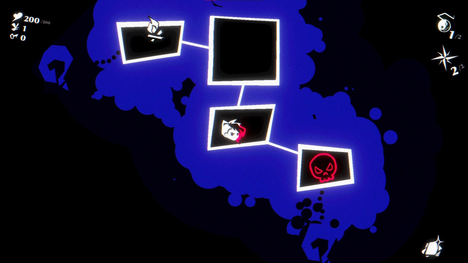 Katana Punk: Branching mission map with node icons and stats HUD on a dark neon Tokyo backdrop.