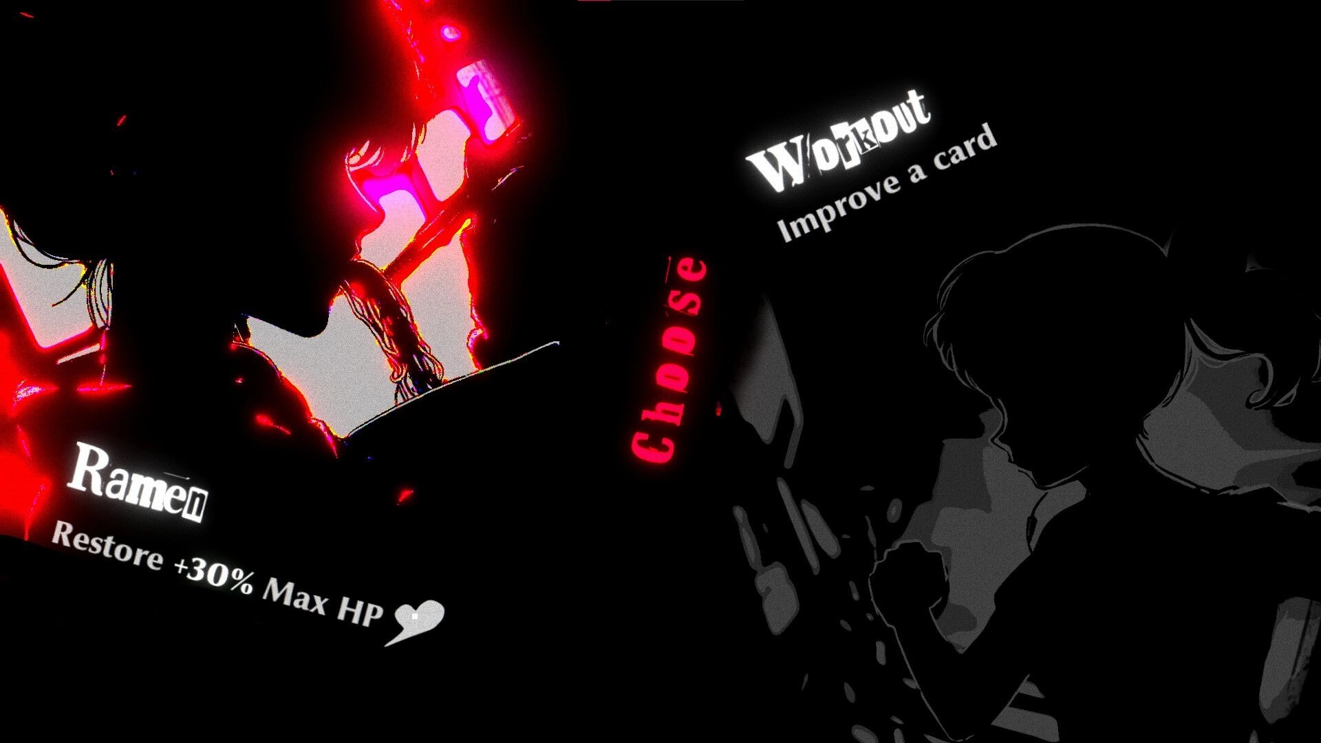 Katana Punk: Choose between Ramen restore +30% Max HP or Workout improve a card menu screen.