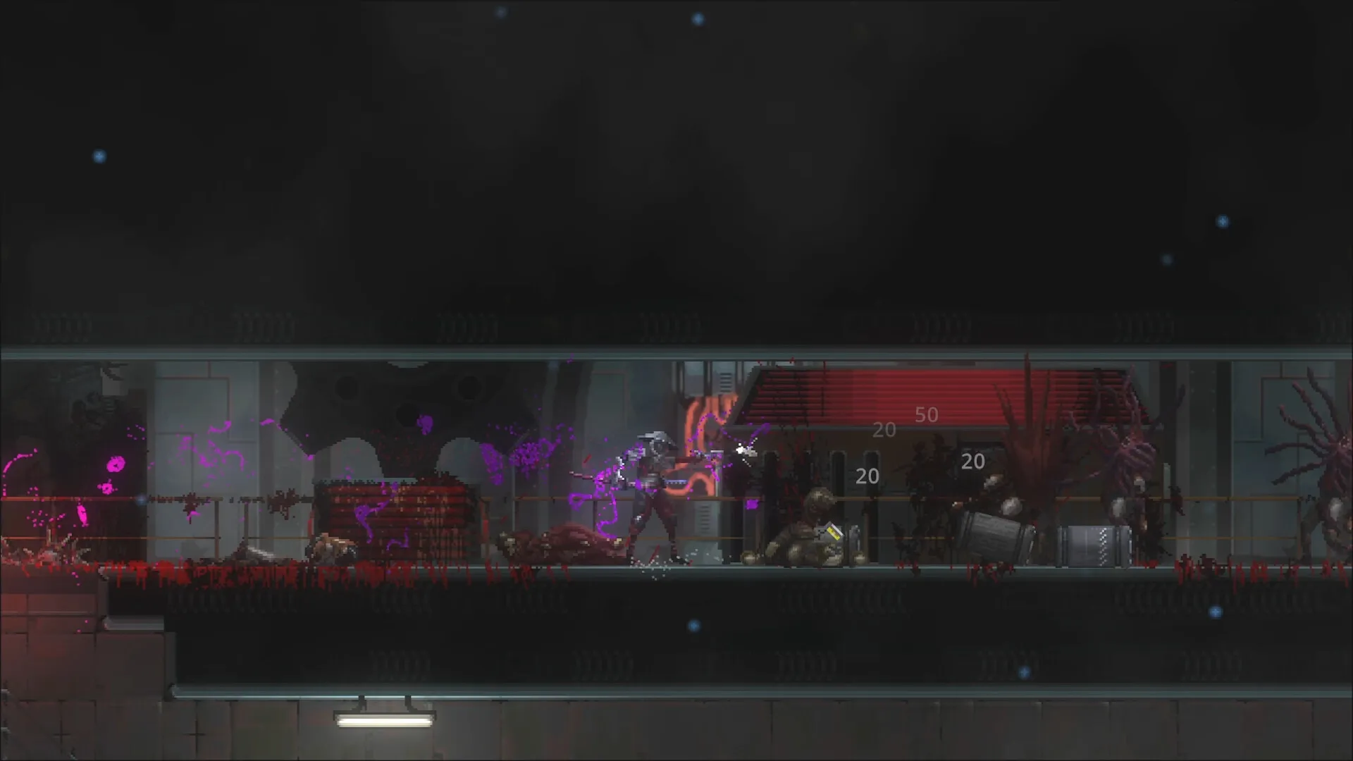 Katanaut: Player slashes through cosmic horrors in a dark space station corridor with blood splatters.