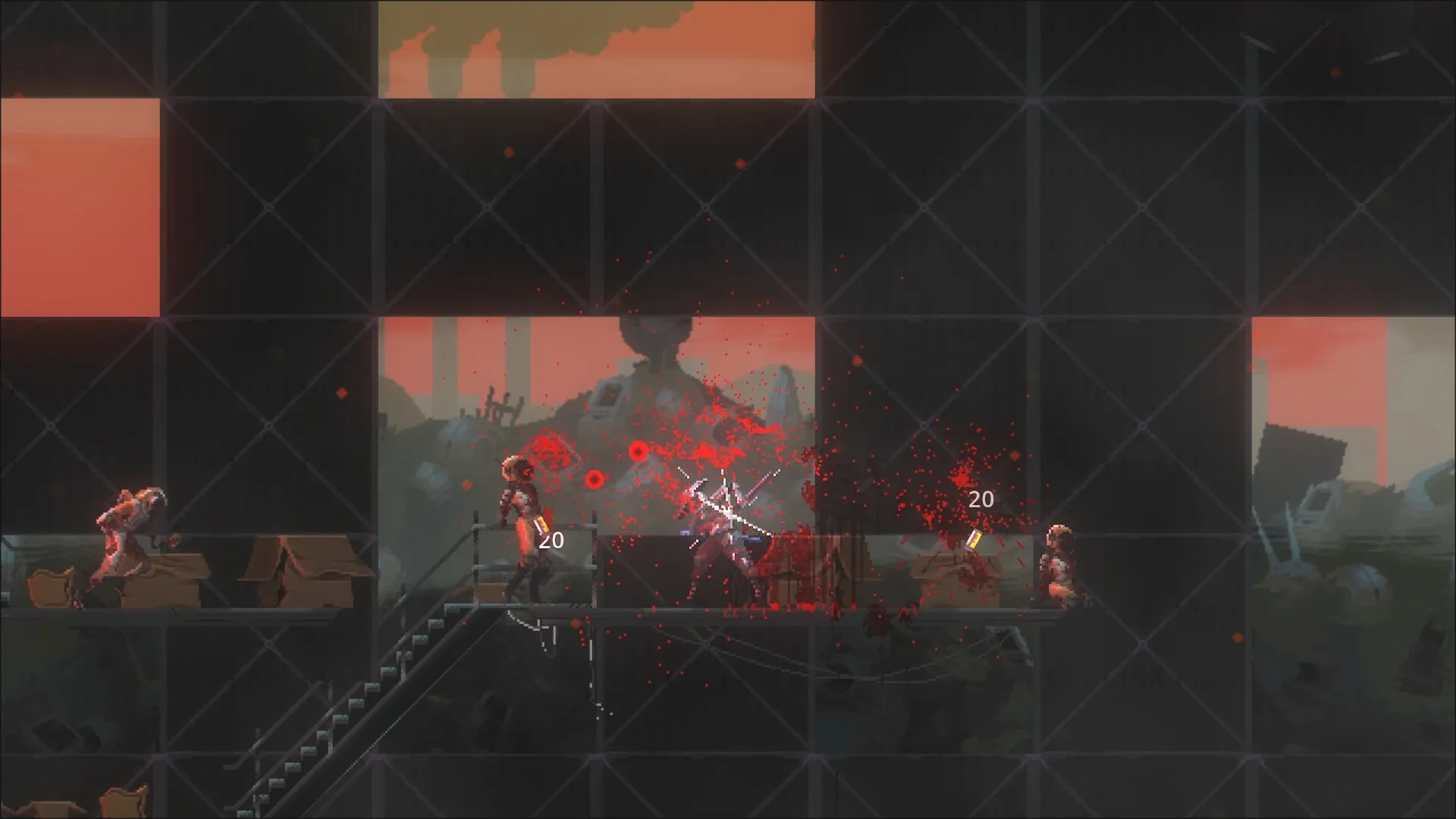 Katanaut: Player slashes enemies on a platform in a dark industrial environment with orange sky