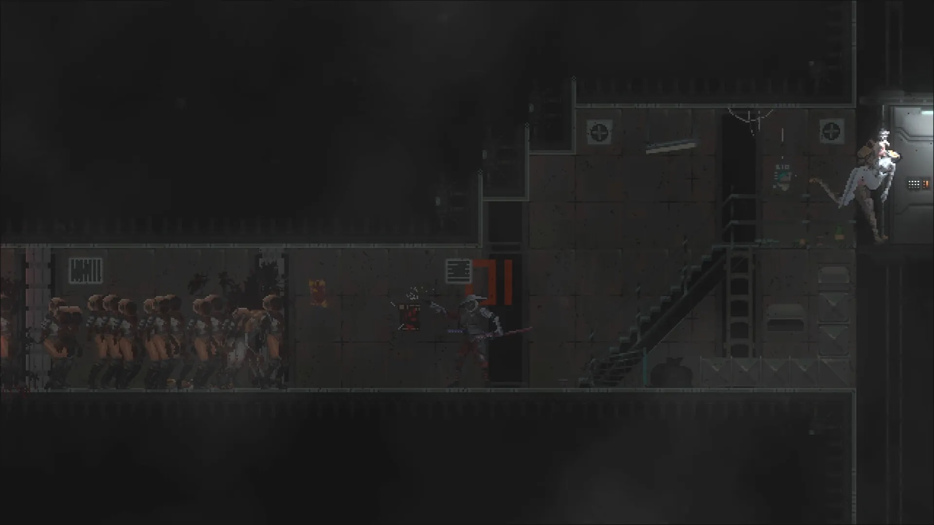 Katanaut: Lone warrior facing twisted humanoid creatures in a dimly lit, industrial space station corridor.