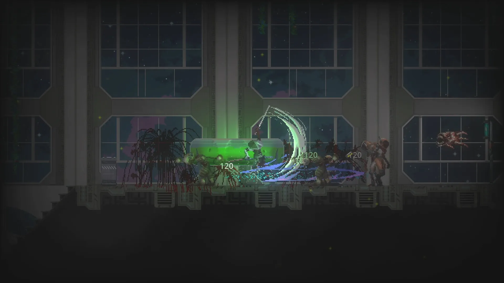 Katanaut: Player slashes enemies amid cosmic horror in space station corridor with large windows.