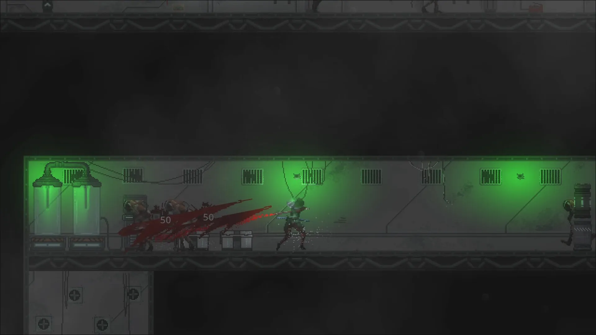Katanaut: Player slashing enemies in dimly lit corridor with green glow and blood effects visible