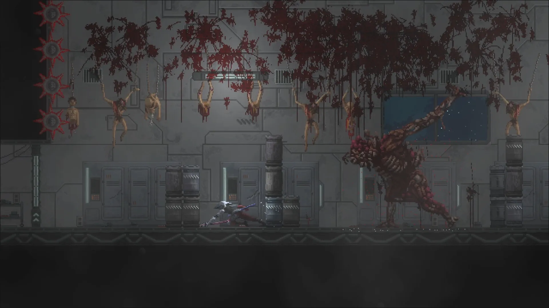 Katanaut: Player crouches, preparing to fight a towering monster in a dimly lit, blood-stained corridor.