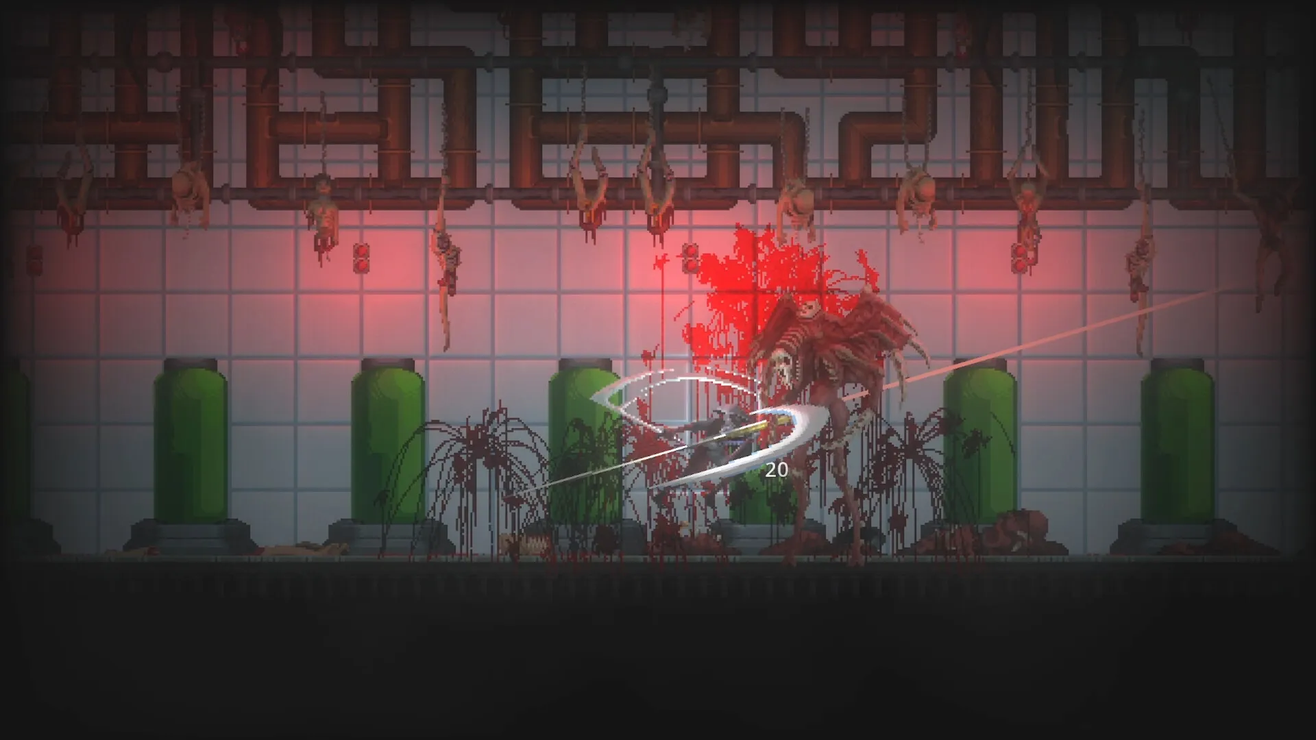 Katanaut: Player slashes through monster with blood effect in laboratory with hanging corpses and tanks