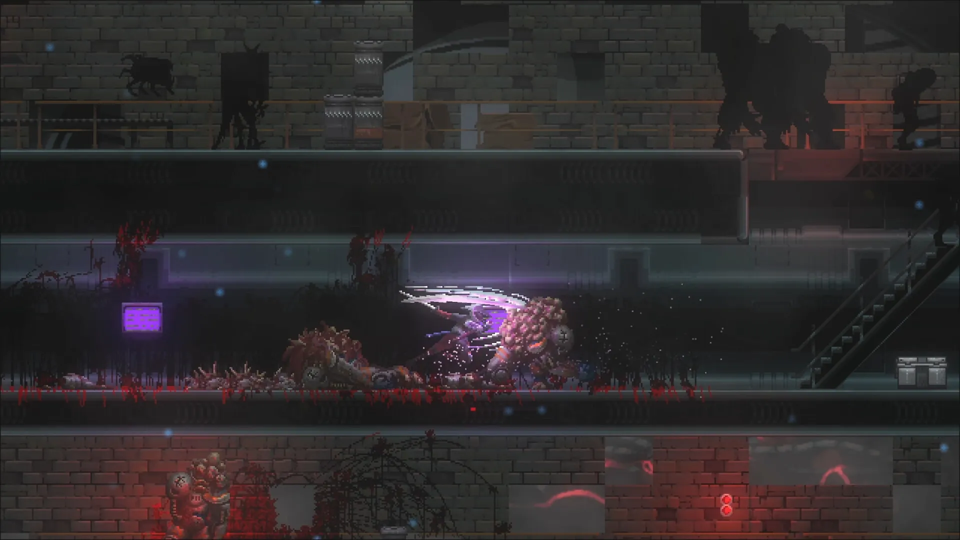 Katanaut: Player slashing through twisted horrors in dimly lit, multi-level space station corridor