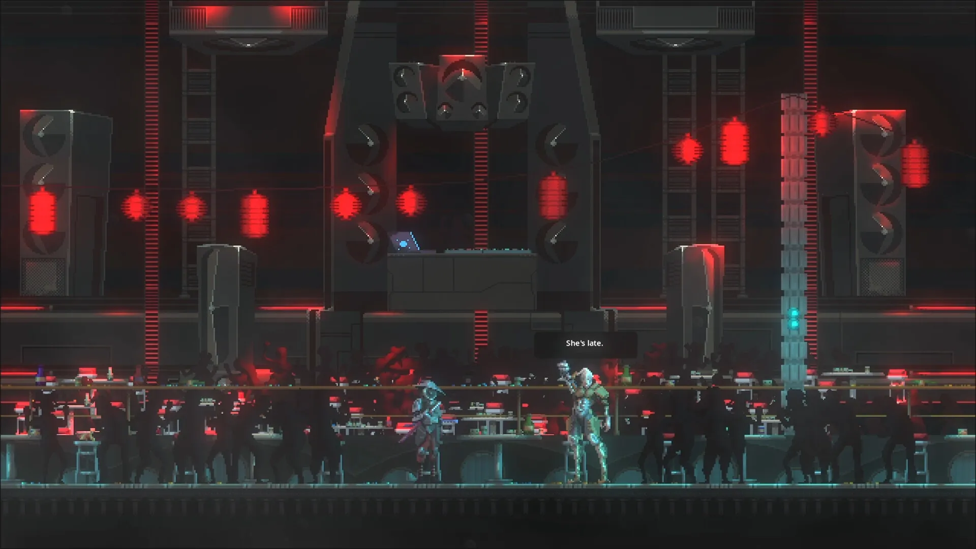 Katanaut: Two armored characters converse in a dimly lit nightclub with red lights and silhouettes.