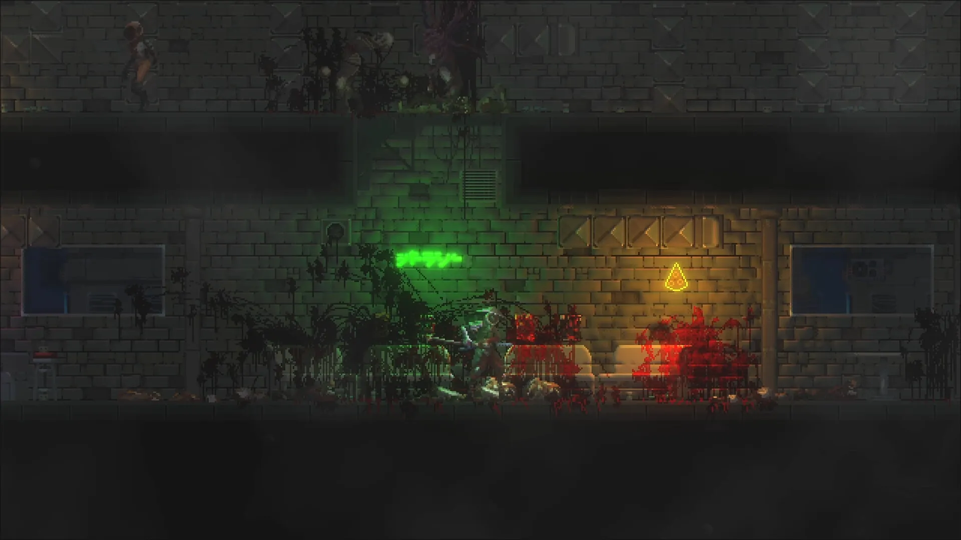 Katanaut: Player navigates dimly lit corridor with neon signs and blood-splattered walls in space station.