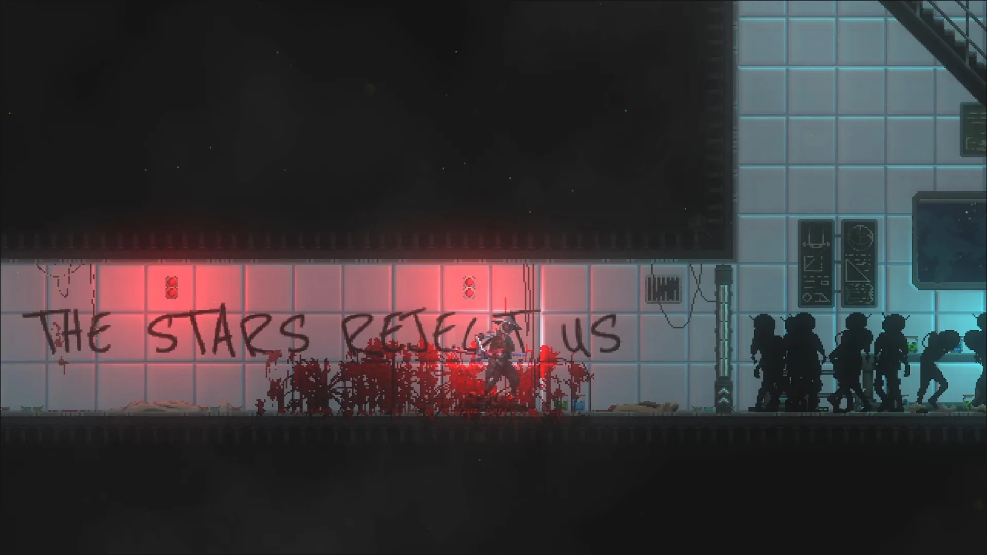 Katanaut: Character in red-lit corridor with graffiti and enemies, "THE STARS REJECT US" on wall.