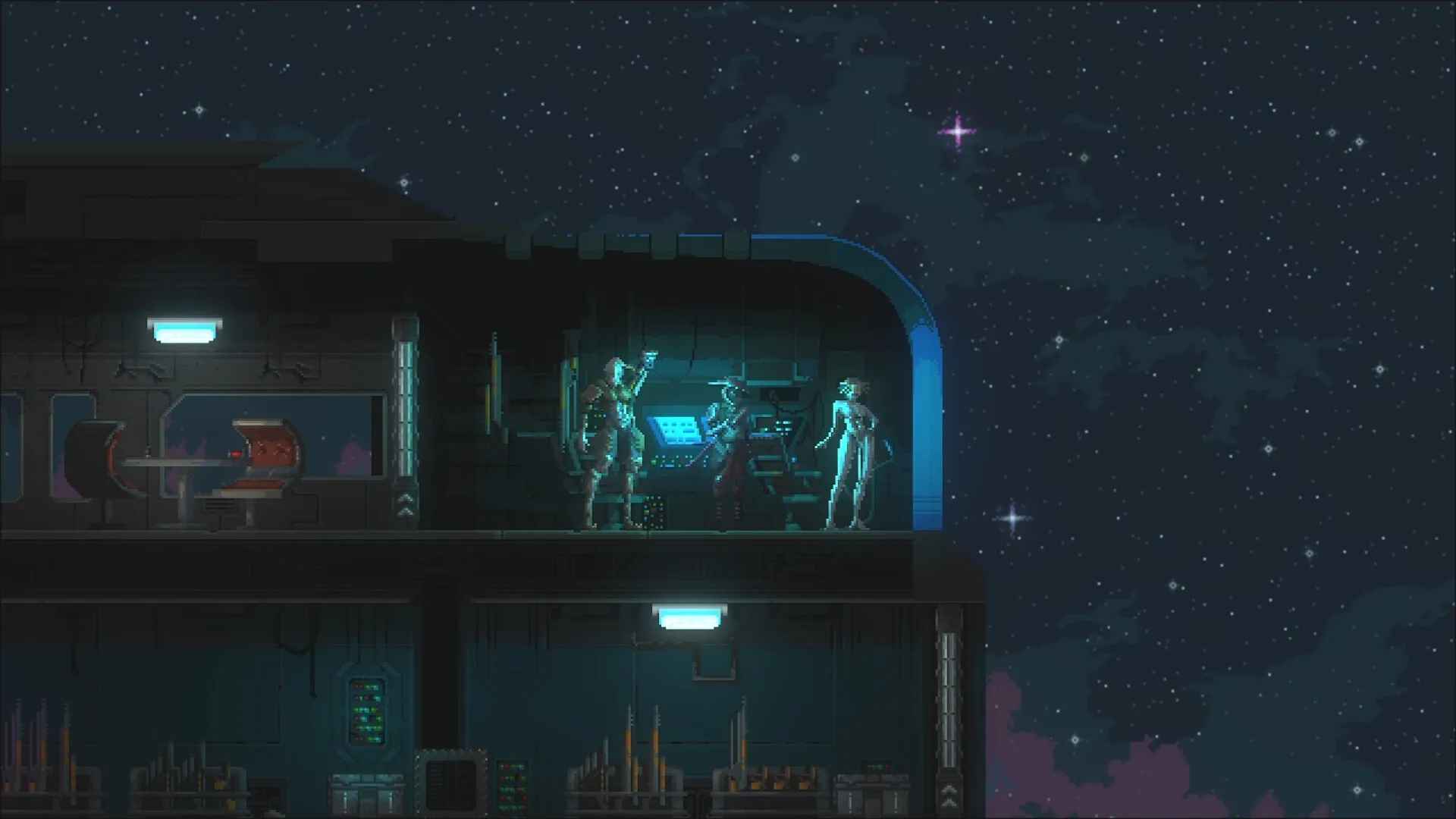 Katanaut: Three characters interact inside a dimly lit space station room with starry sky backdrop