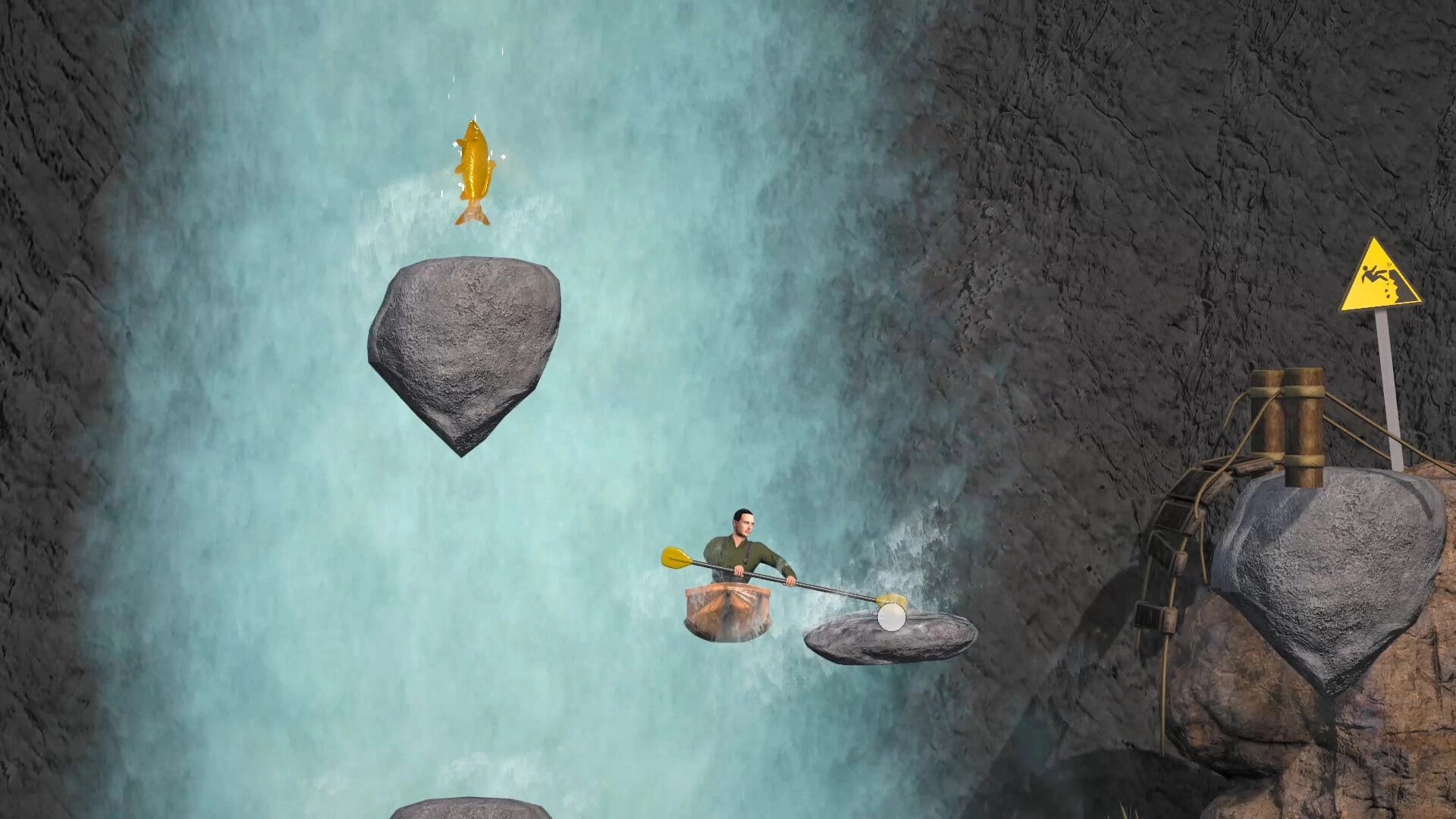 Kayaks Don't Climb: Player paddling across floating rocks near waterfall with caution sign visible